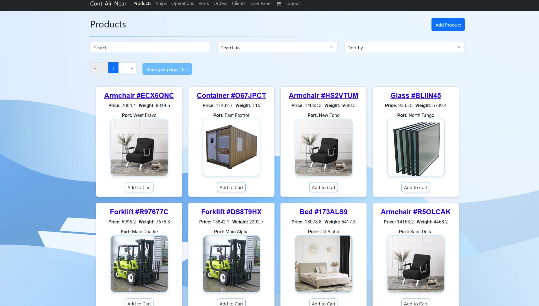 Cont-Air-Near products interface with search, sorting and product cards