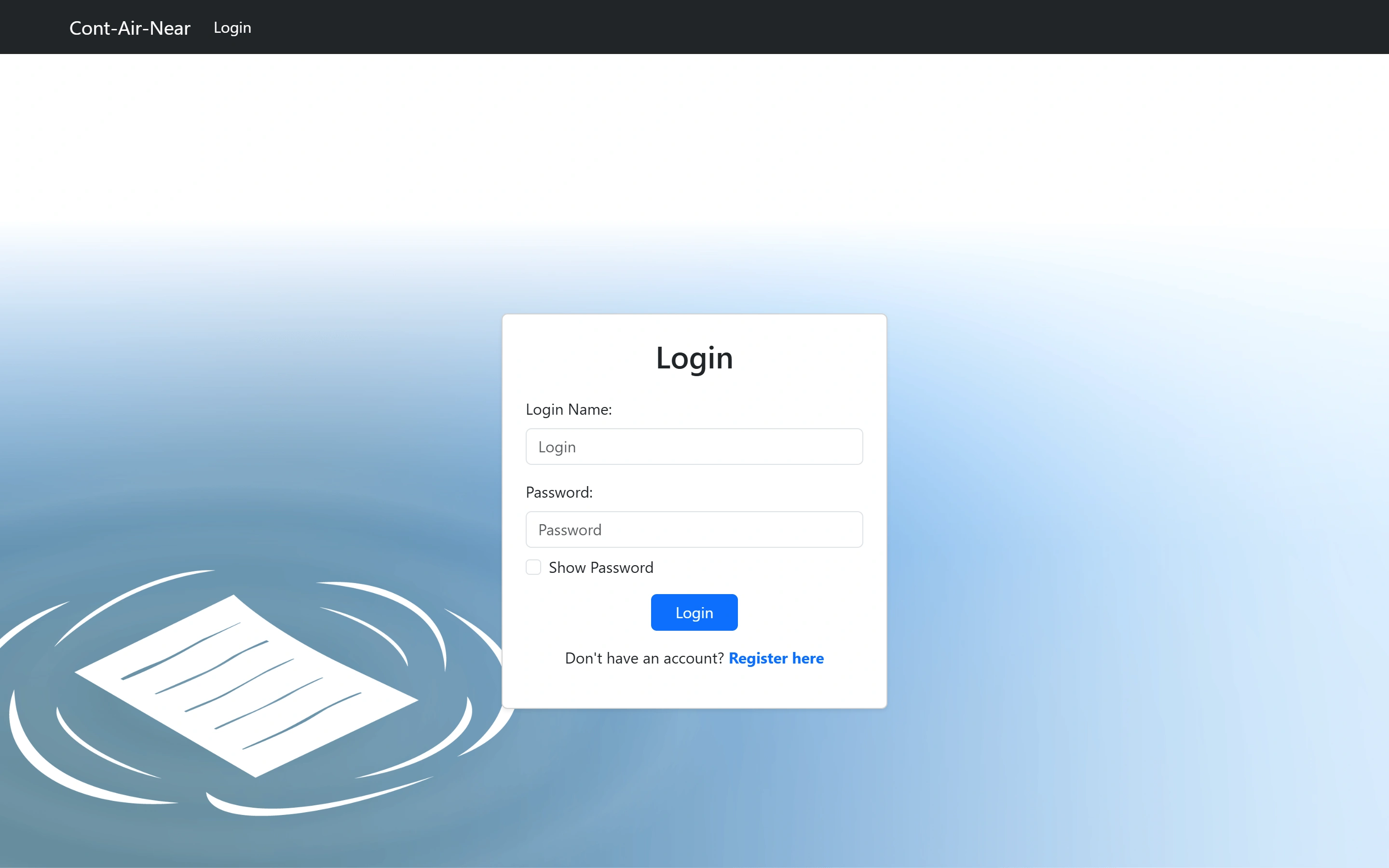 The login form with Login Name and Password fields, a Show Password option and a link to registration.