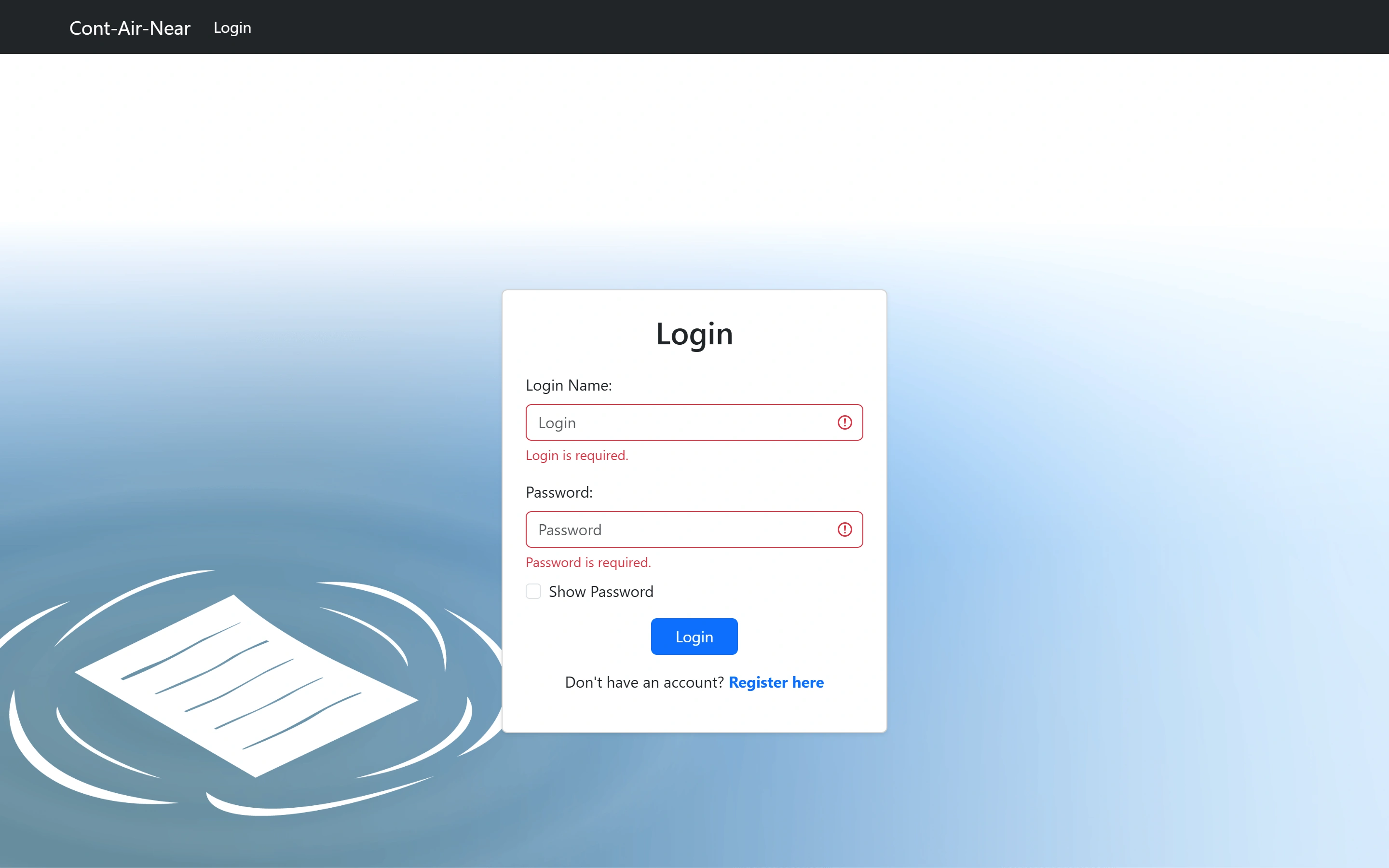 The login form with both fields outlined in red and a required-field message under each.