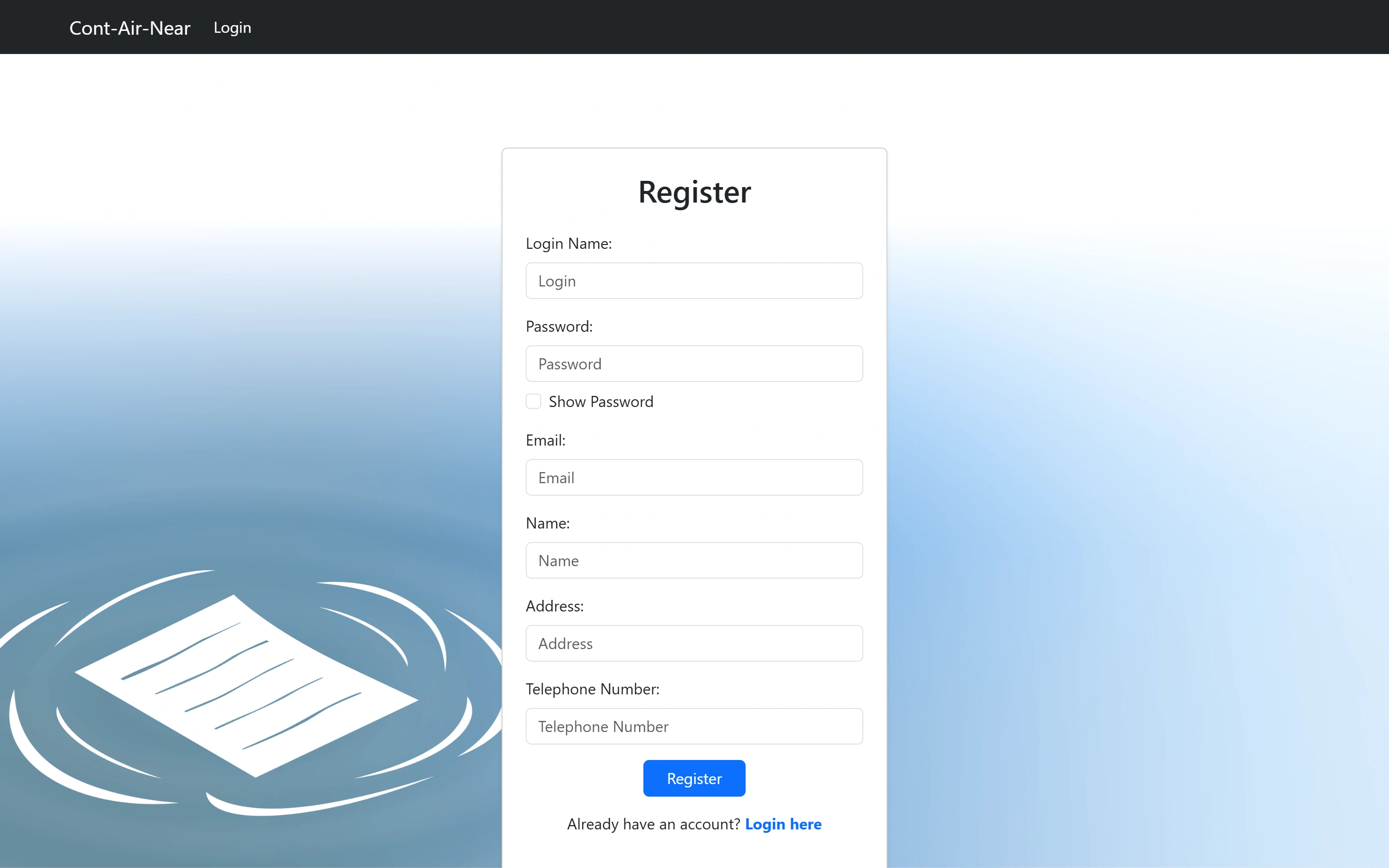 The registration form with login name, password, email, name, address and telephone number fields.