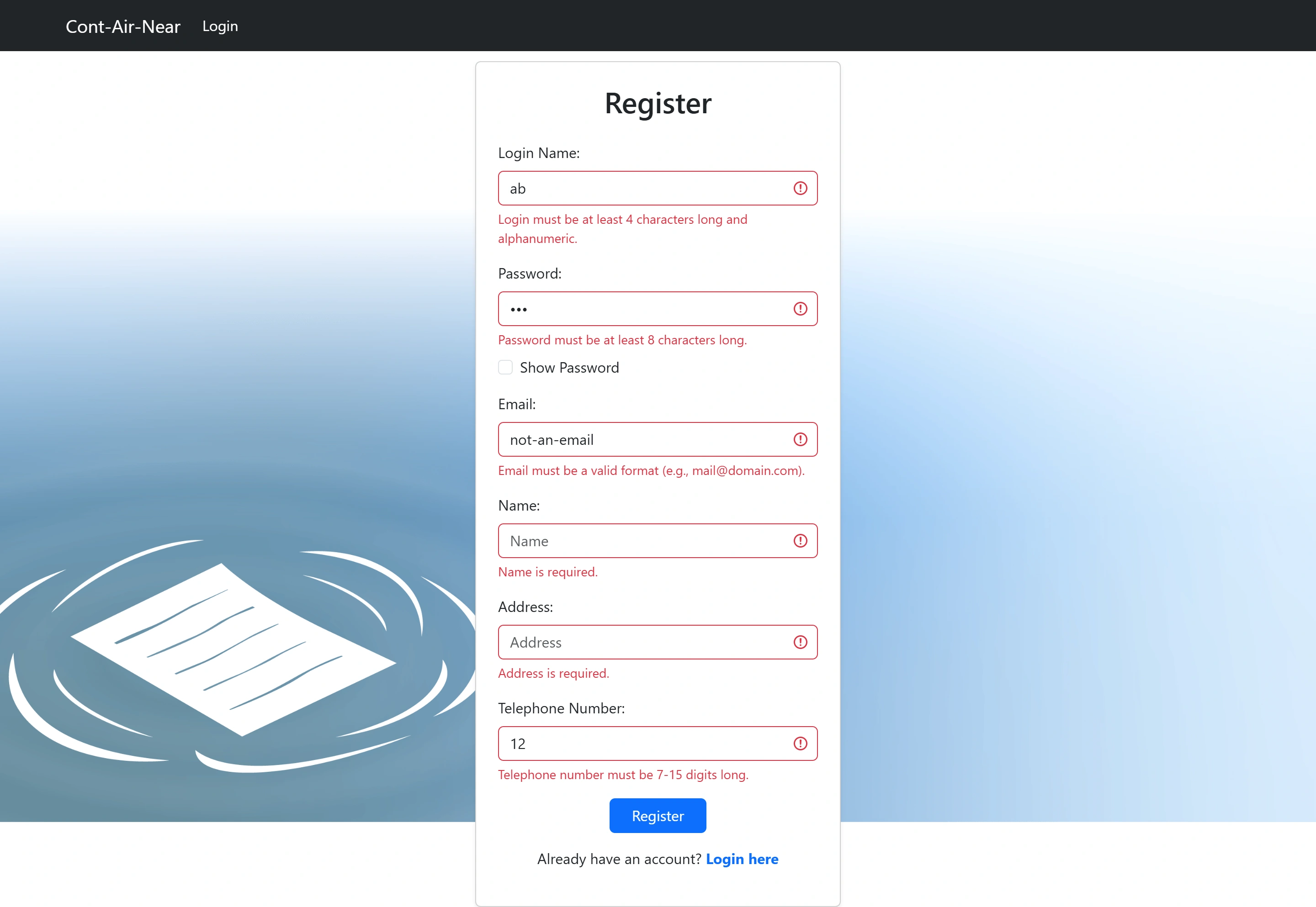 The registration form with every field in an error state and its rule spelled out underneath.