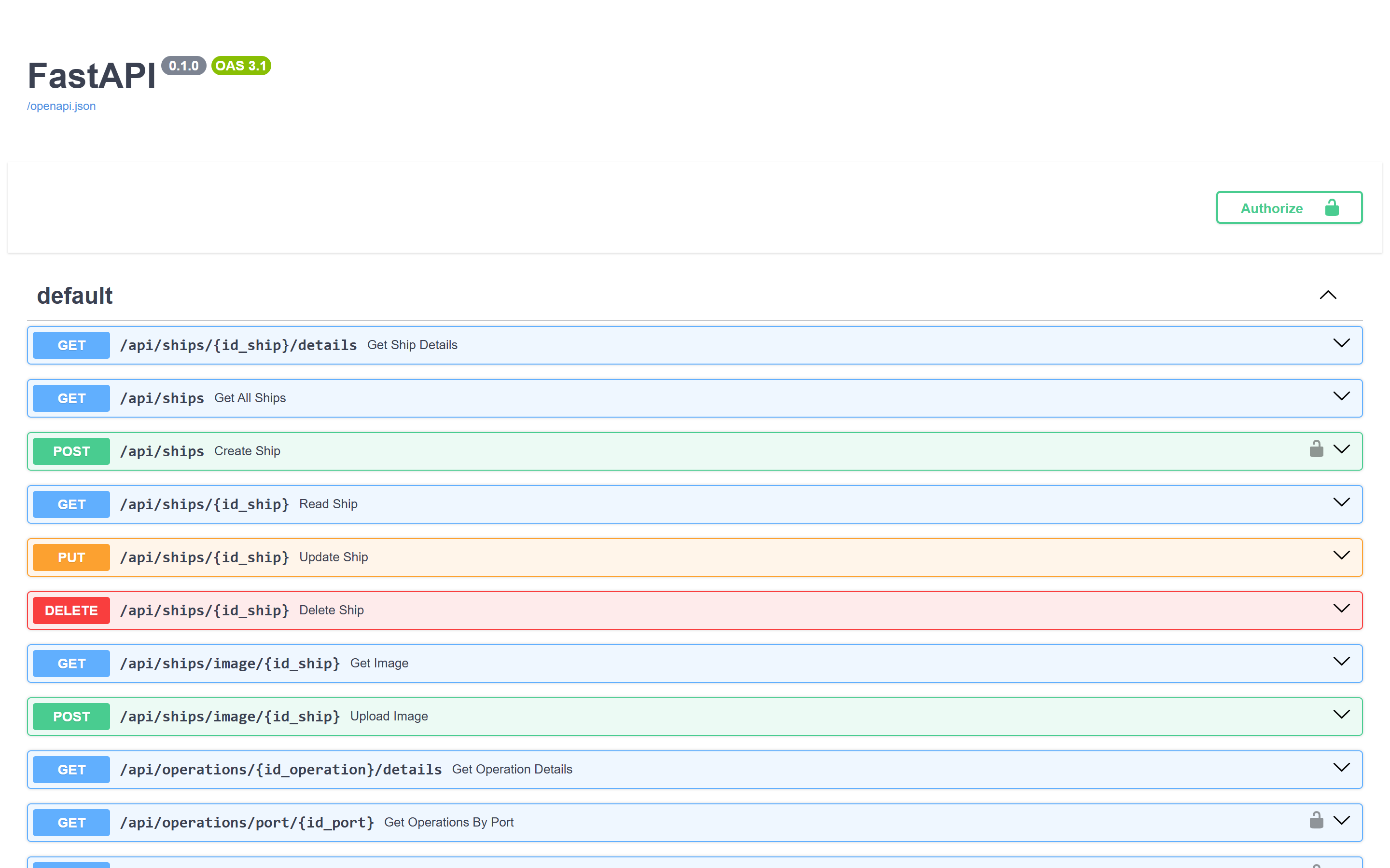 Swagger UI listing the ship and operation endpoints by HTTP method, some marked with a padlock.