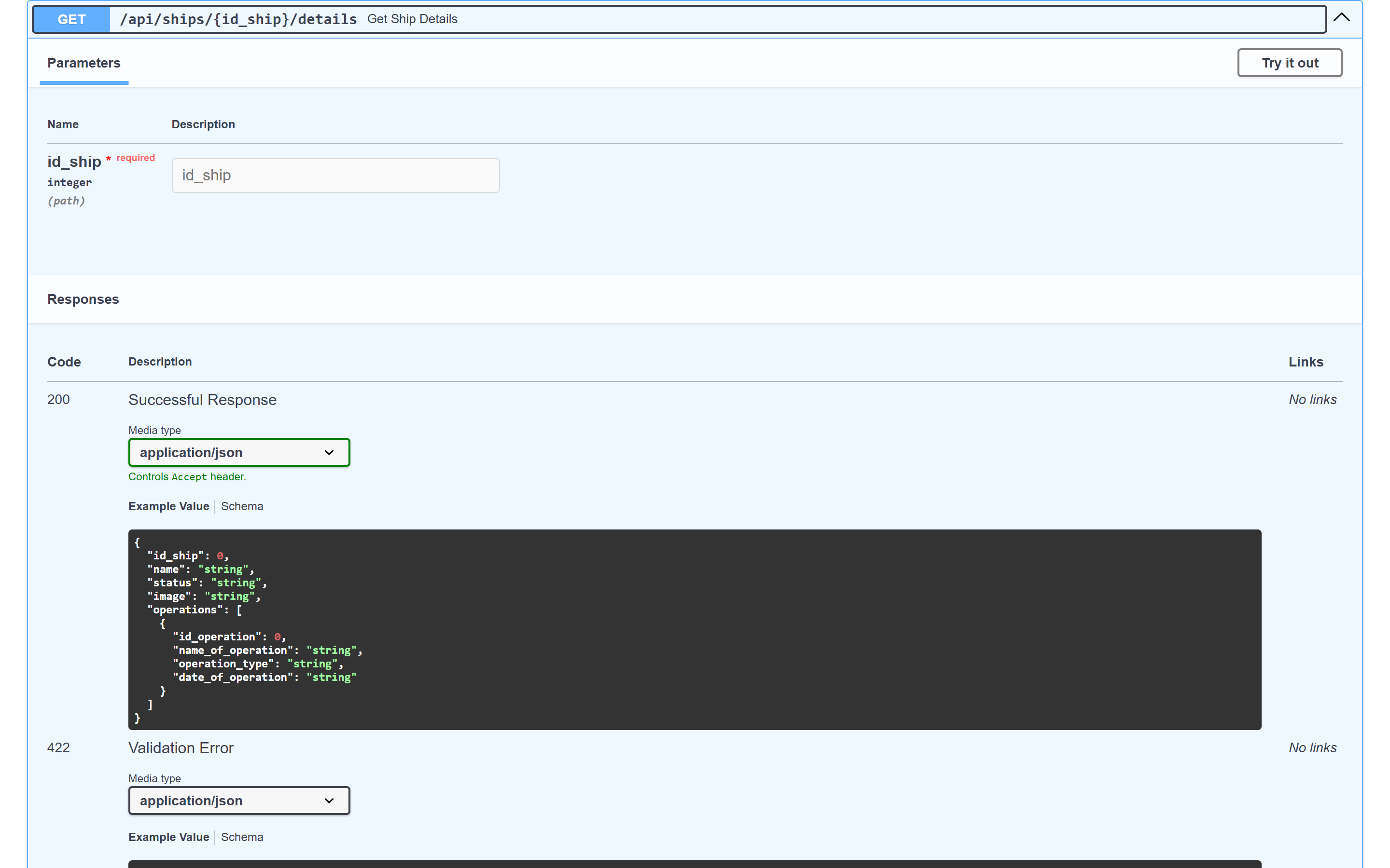 An expanded Swagger endpoint showing the id_ship parameter and an example JSON response with nested operations.