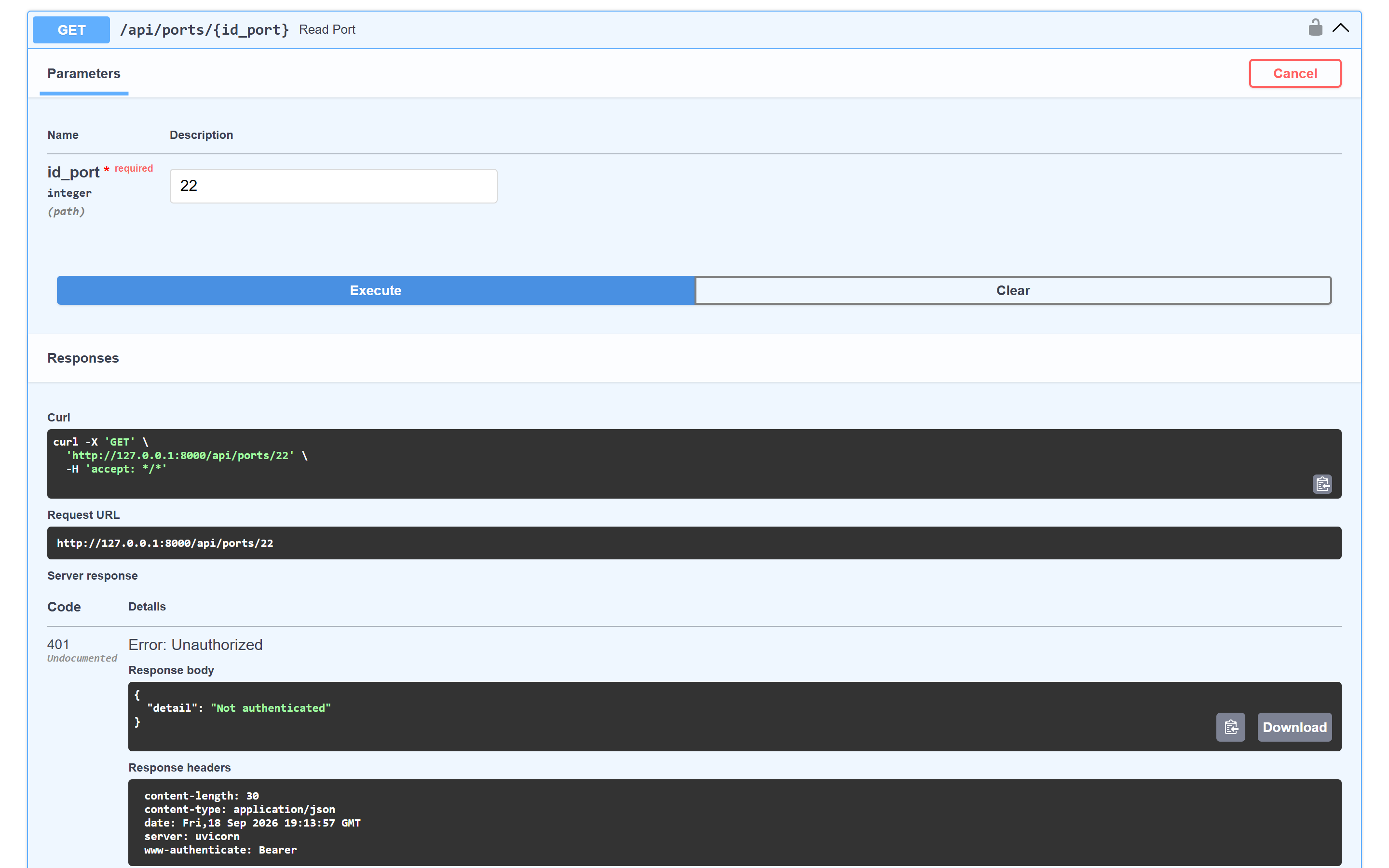 Swagger UI showing a GET request for a port answered with 401 Unauthorized and a Not authenticated body.
