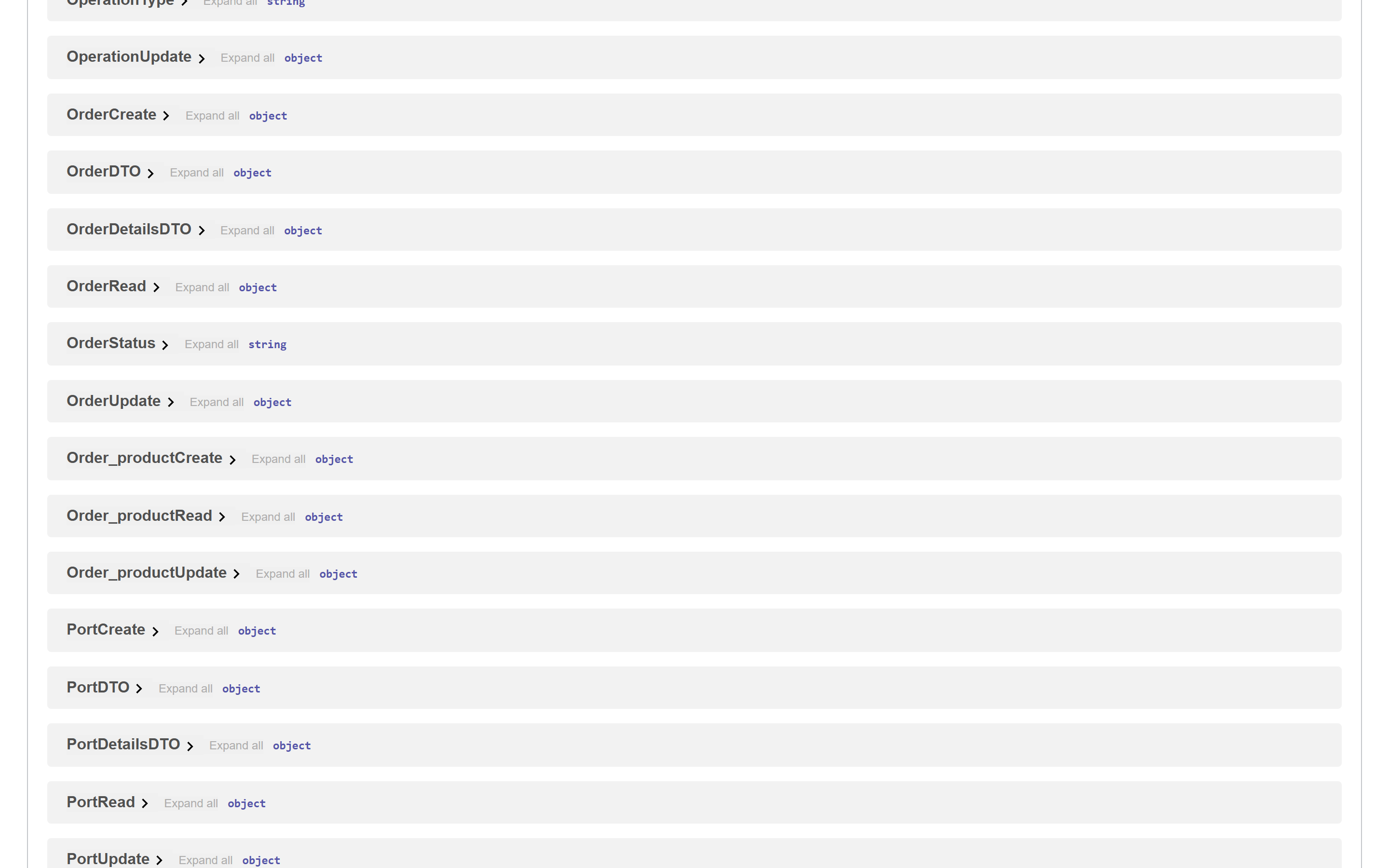 The Swagger schema list with Create, Read, Update and Details models for orders, order products and ports.