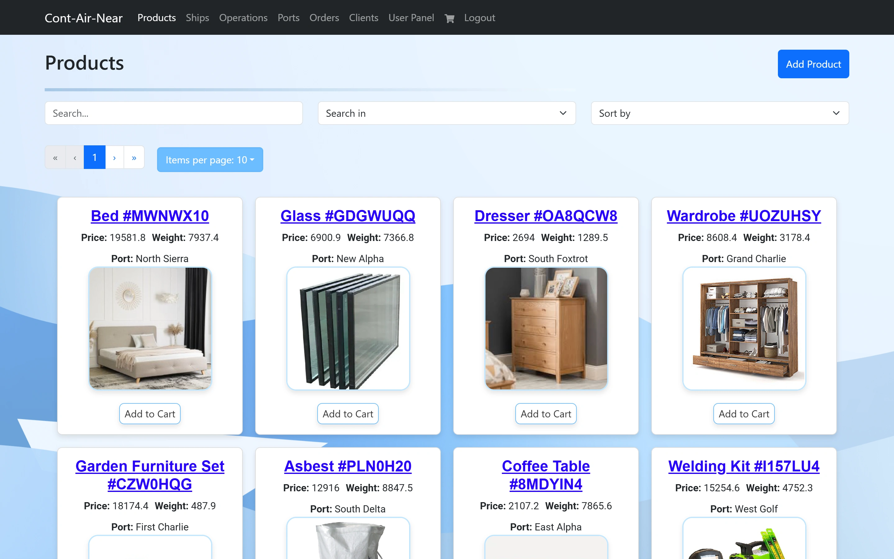 The Products page showing a grid of product cards with images, prices, weights and ports under a search toolbar.