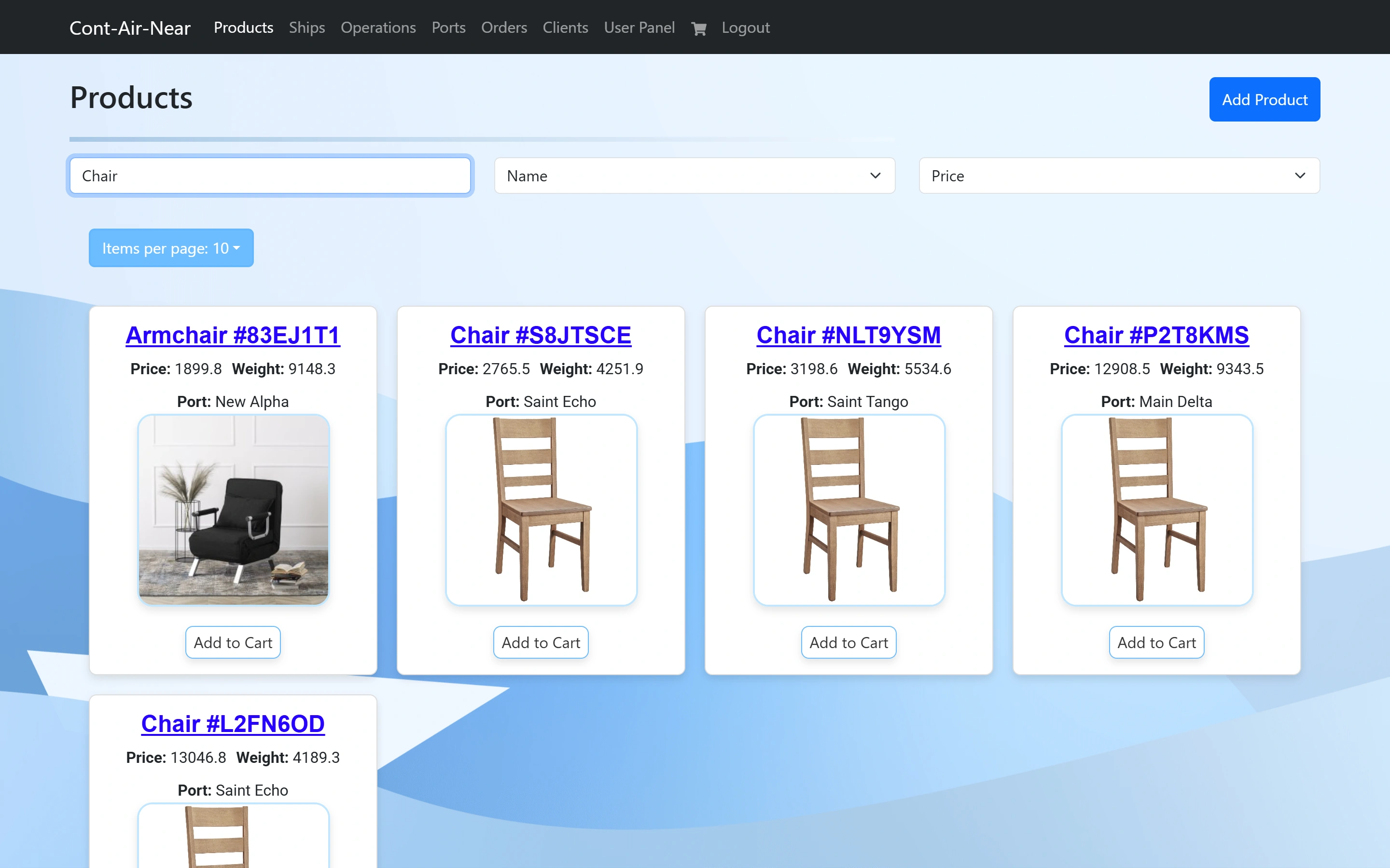 The Products page filtered by the term Chair on the Name field and sorted by Price, showing five matching cards.