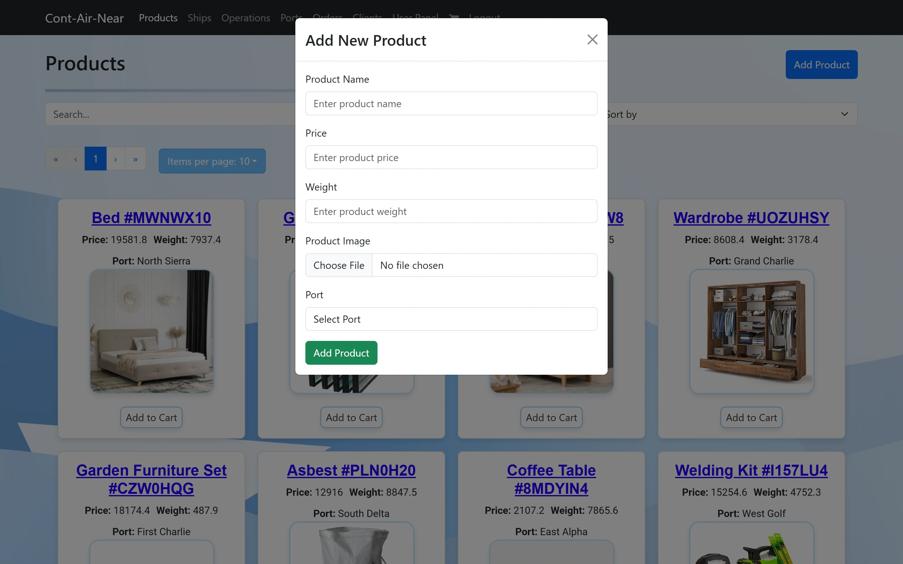 The Add New Product dialog with name, price, weight, image file and port fields over the product grid.