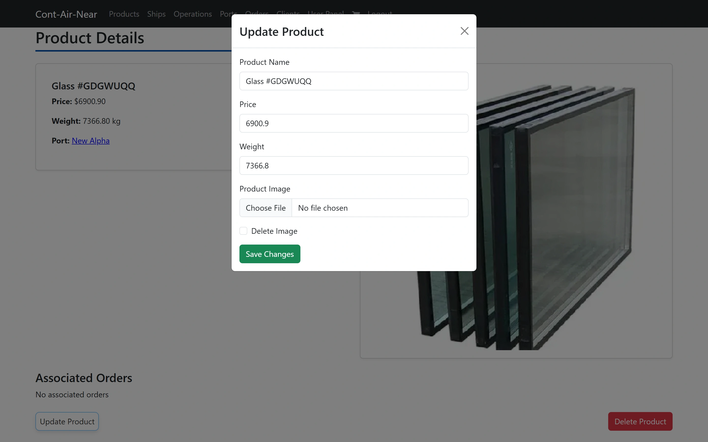 The Update Product dialog pre-filled with the product's name, price and weight, with a Delete Image checkbox.