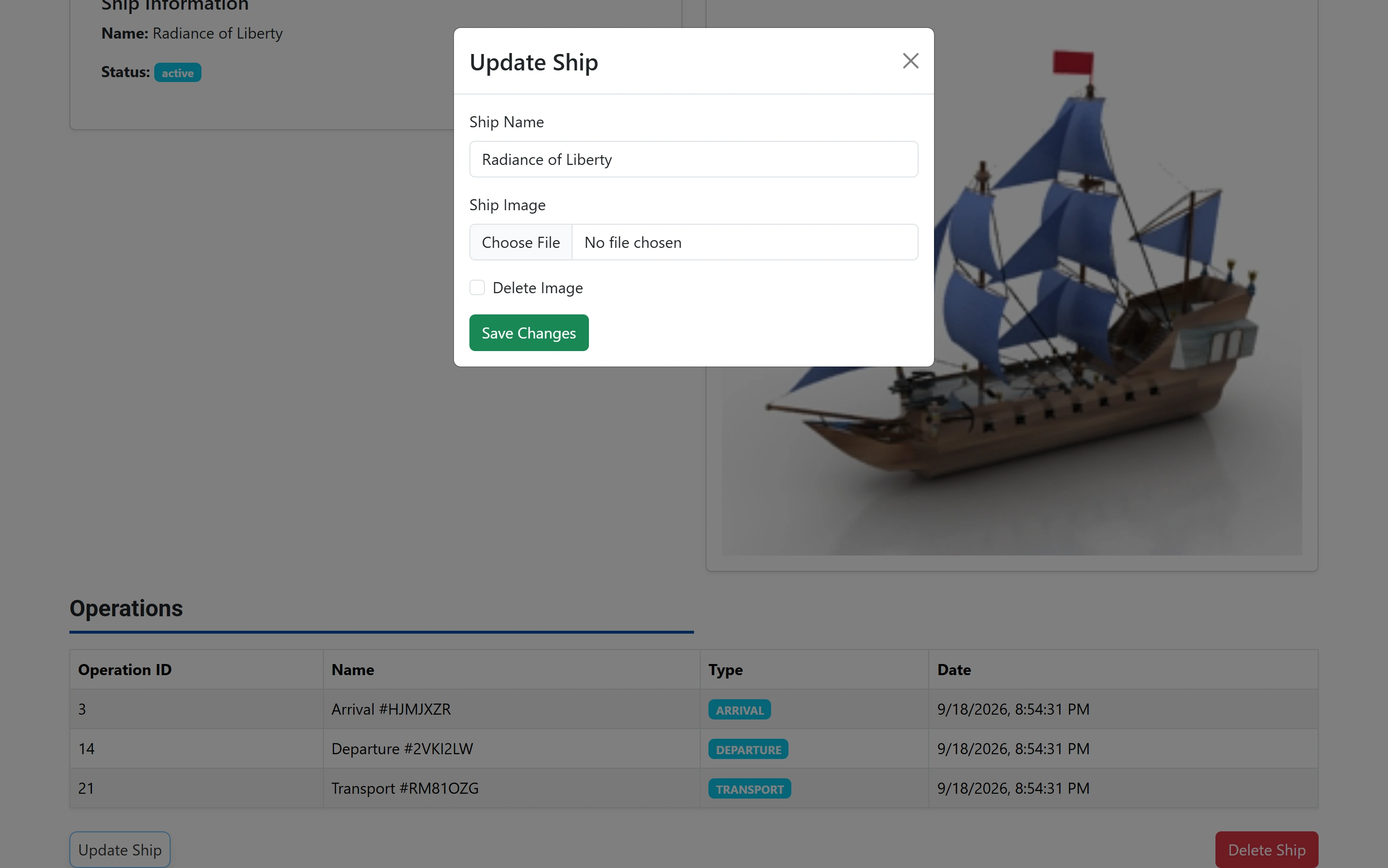 The Update Ship dialog with the ship name, an image file picker and a Delete Image checkbox.