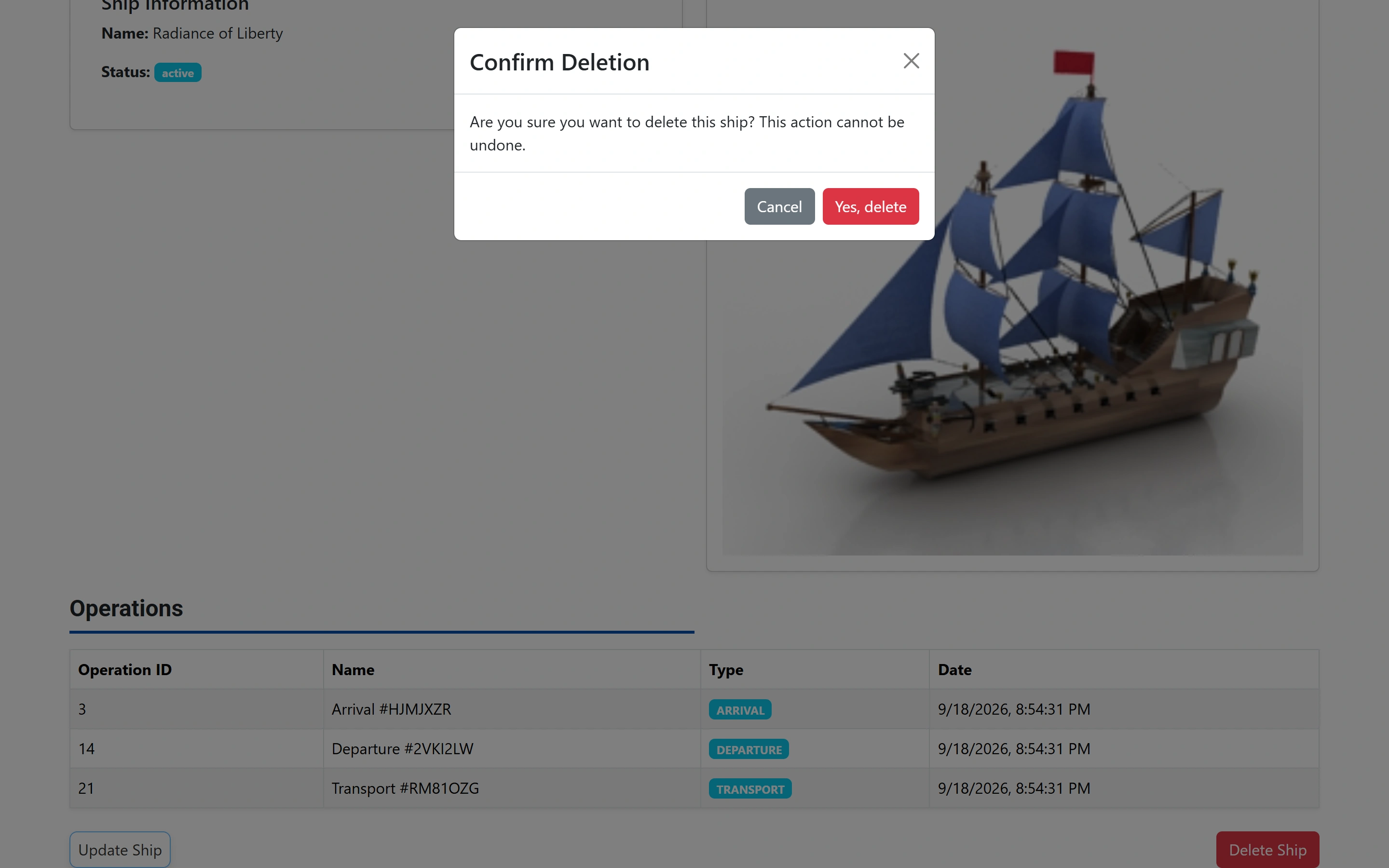 A Confirm Deletion dialog asking whether to delete this ship, with Cancel and Yes, delete buttons.