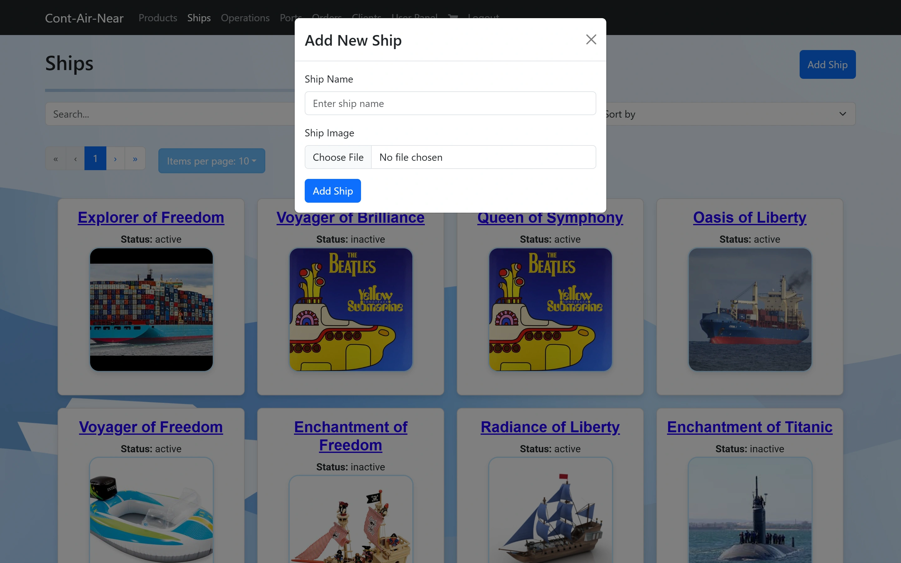 The Add New Ship dialog with a ship name field and an image file picker over the fleet grid.