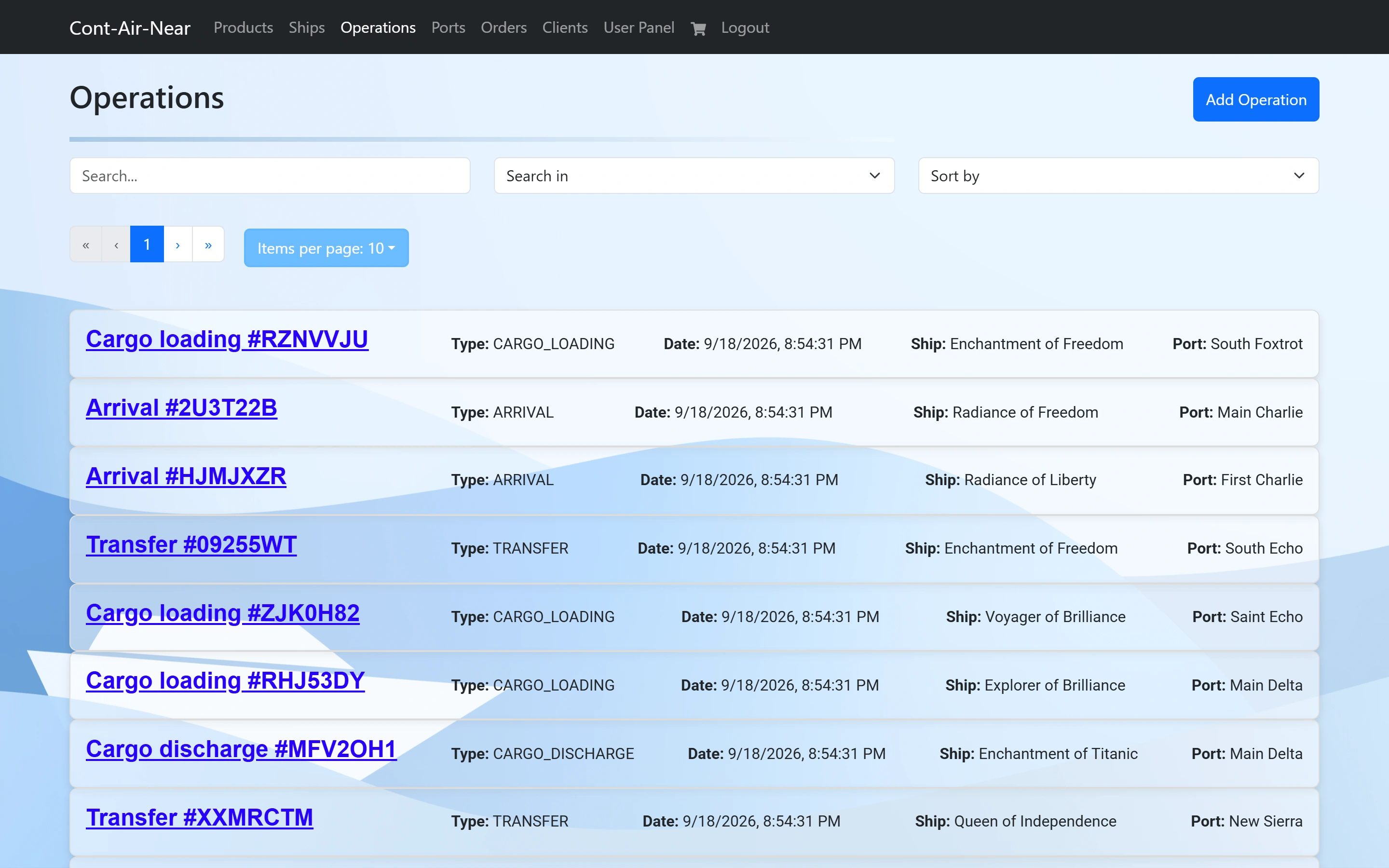 The Operations page listing operations by name with their type, date, ship and port.