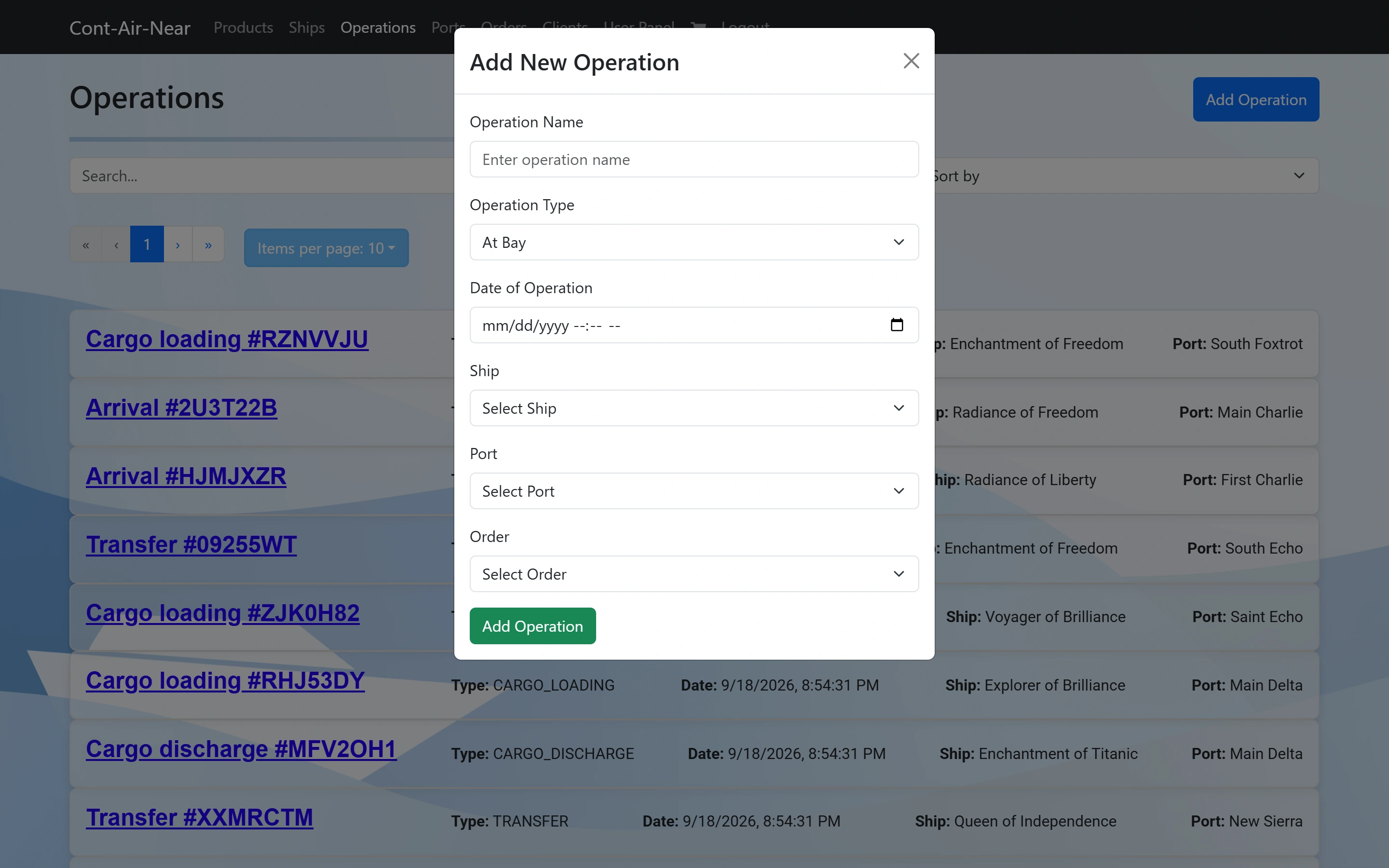 The Add New Operation dialog with name, type, date, ship, port and order fields.