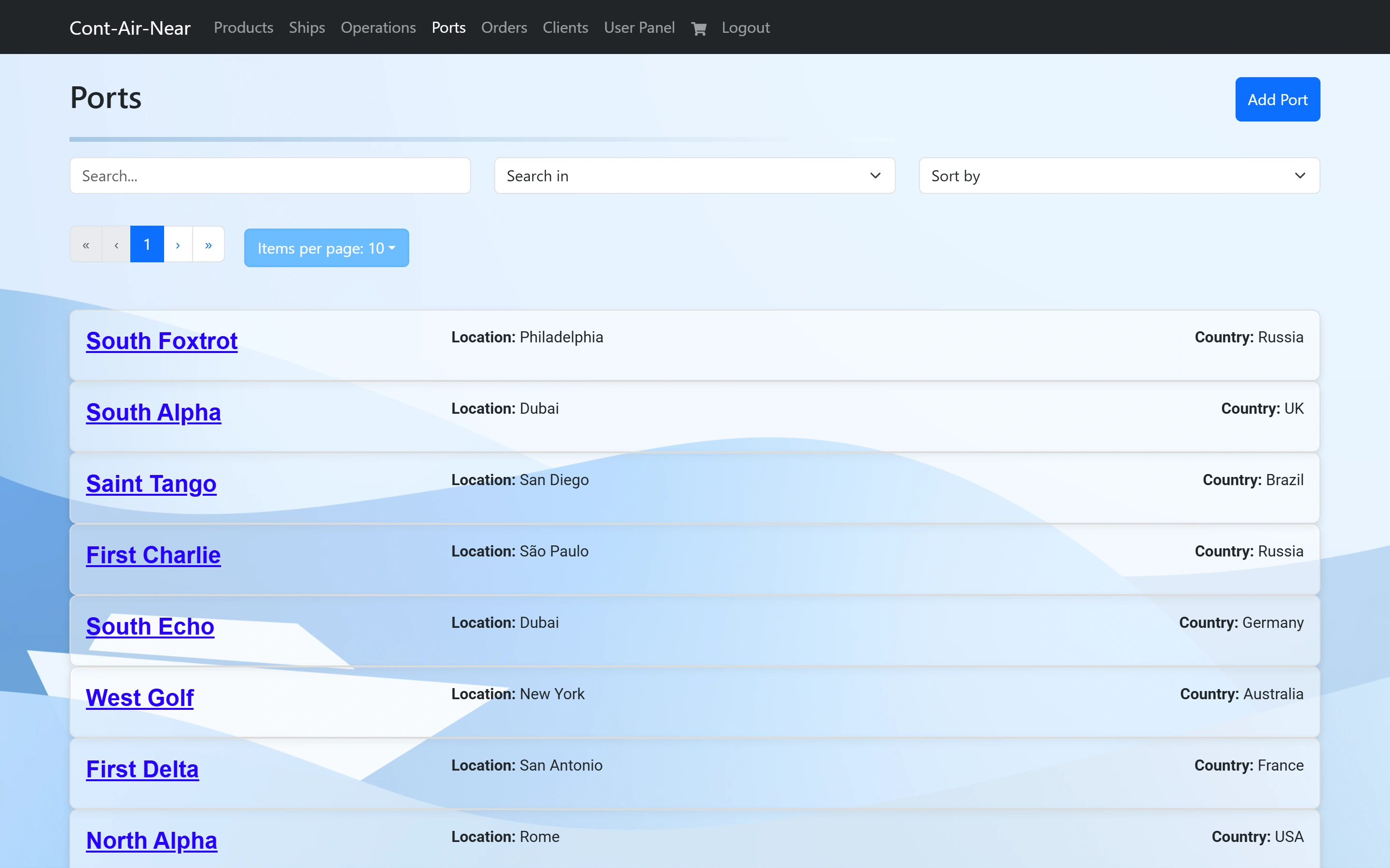 The Ports page listing ports by name with their location and country, and an Add Port button.