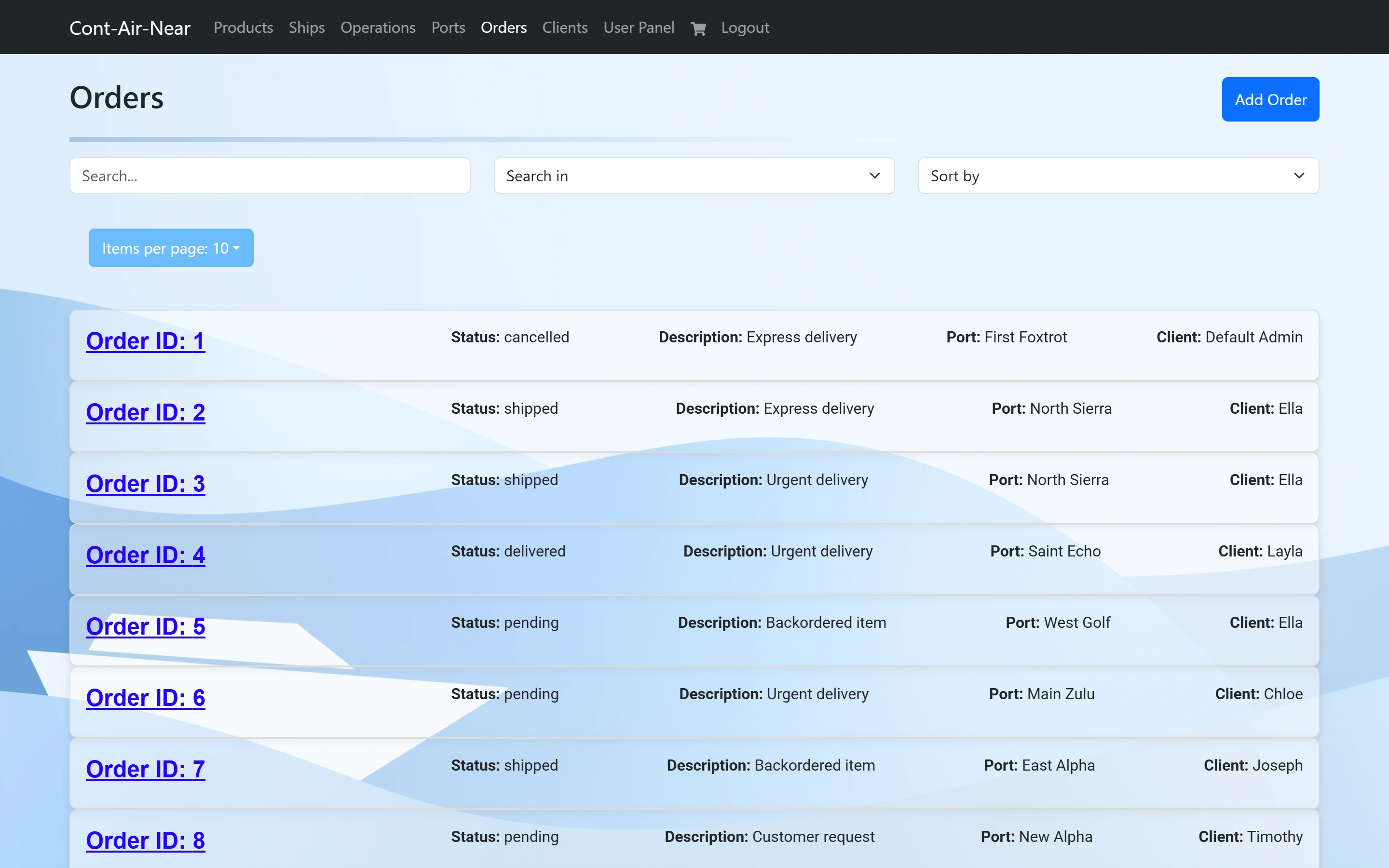 The Orders page listing every order with its status, description, port and client, and an Add Order button.