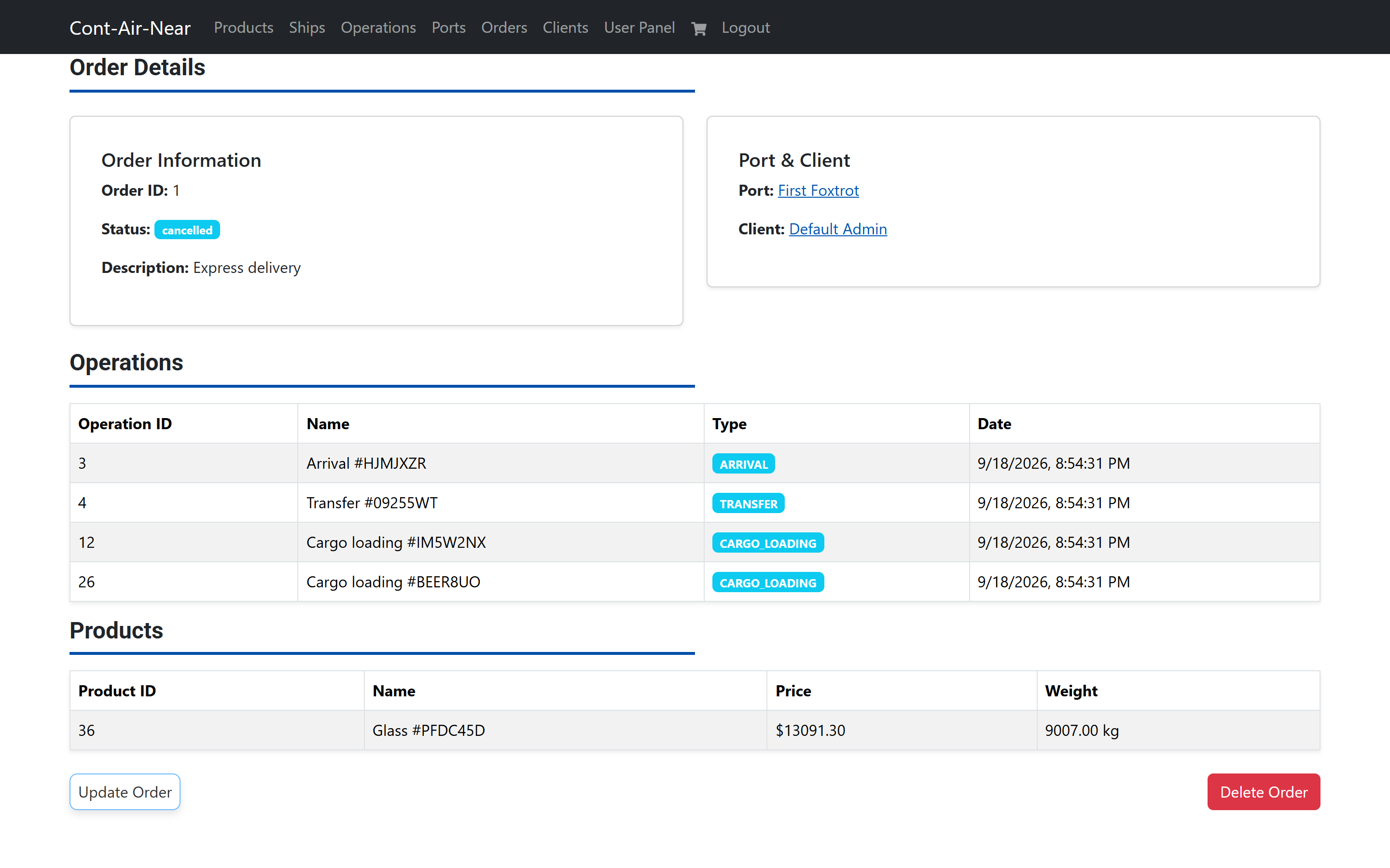 An order detail page with status, port and client above tables of its operations and products.