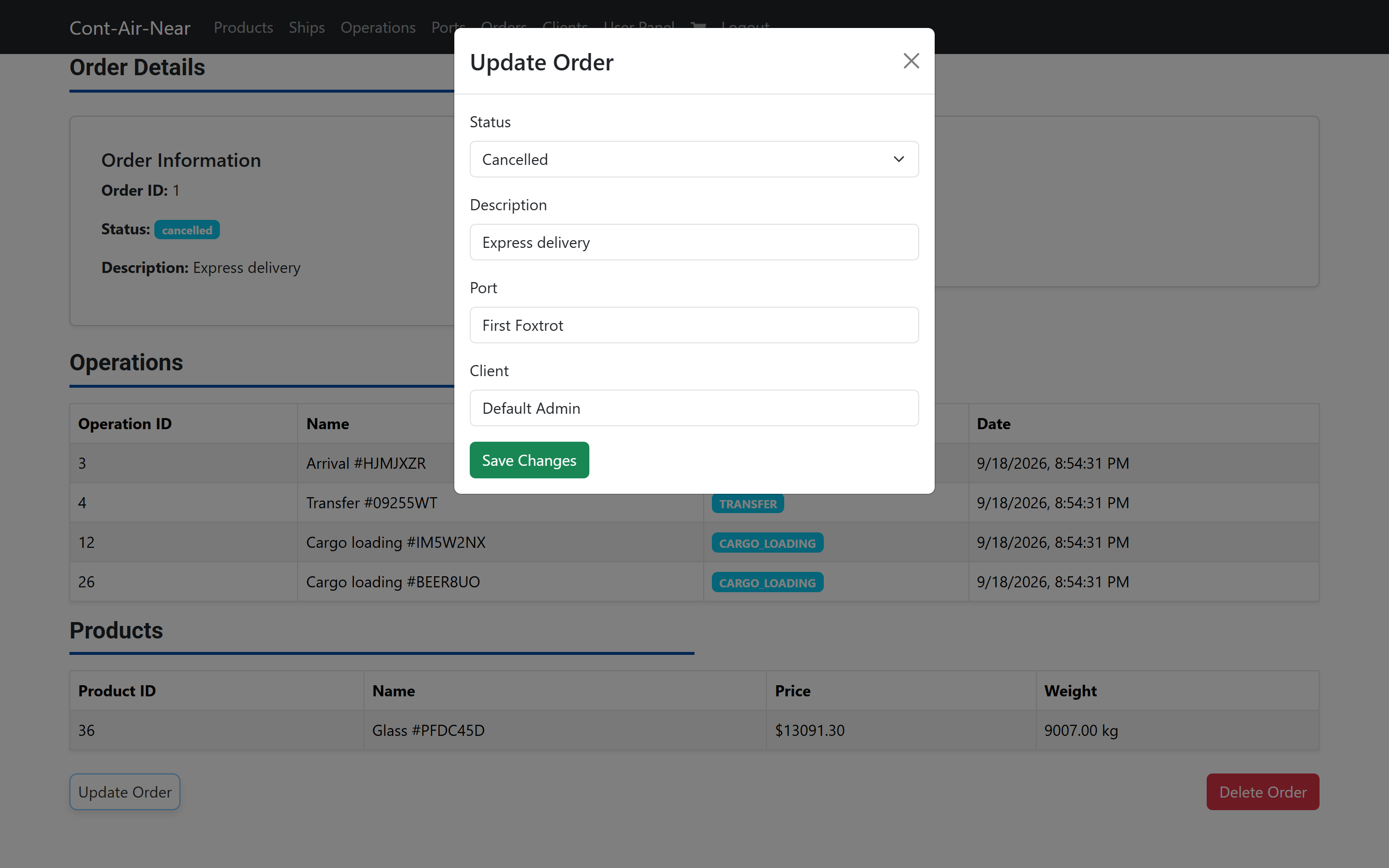 The Update Order dialog with status, description, port and client pre-filled.