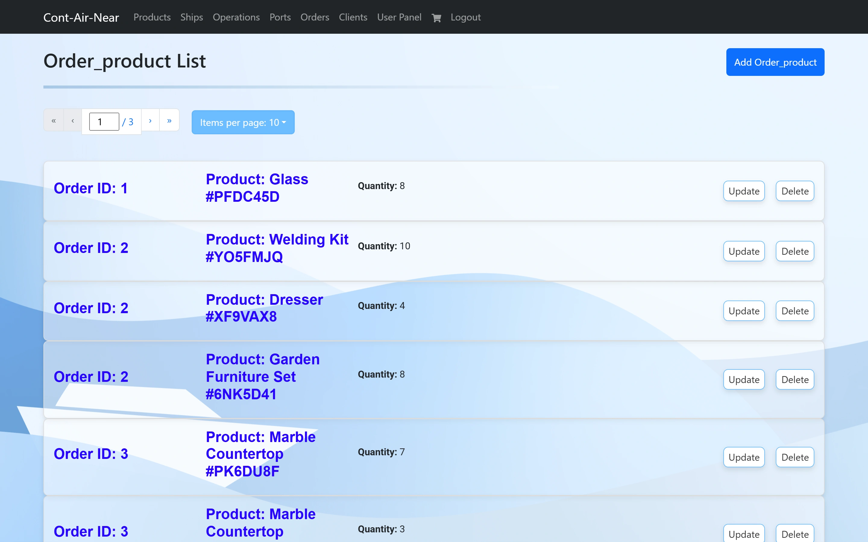 The order-product list showing order, product and quantity per row, each with Update and Delete buttons.