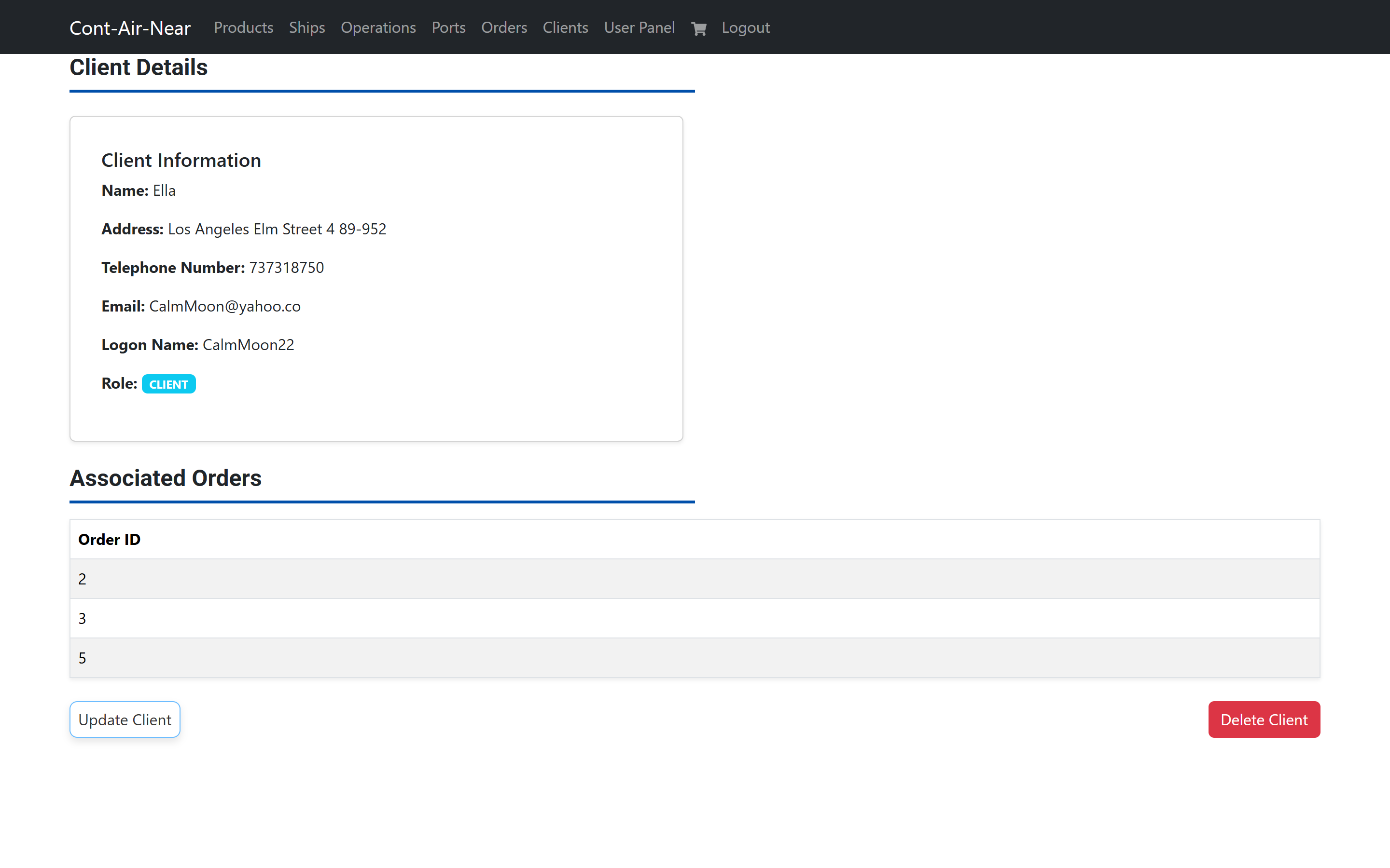 A client detail page with contact details, logon name and a CLIENT role badge above a table of associated orders.
