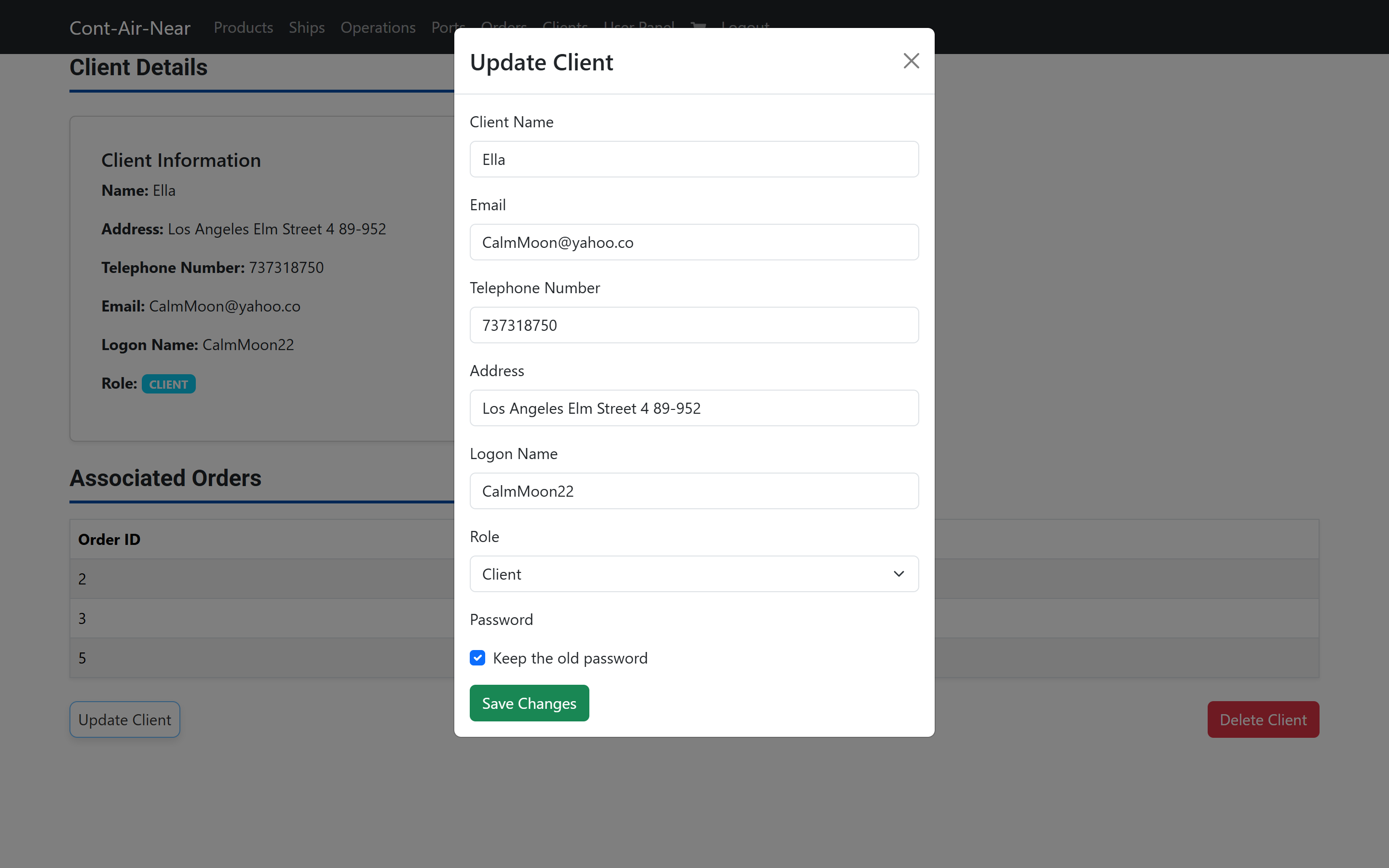 The Update Client dialog with contact fields, a role dropdown set to Client and Keep the old password ticked.