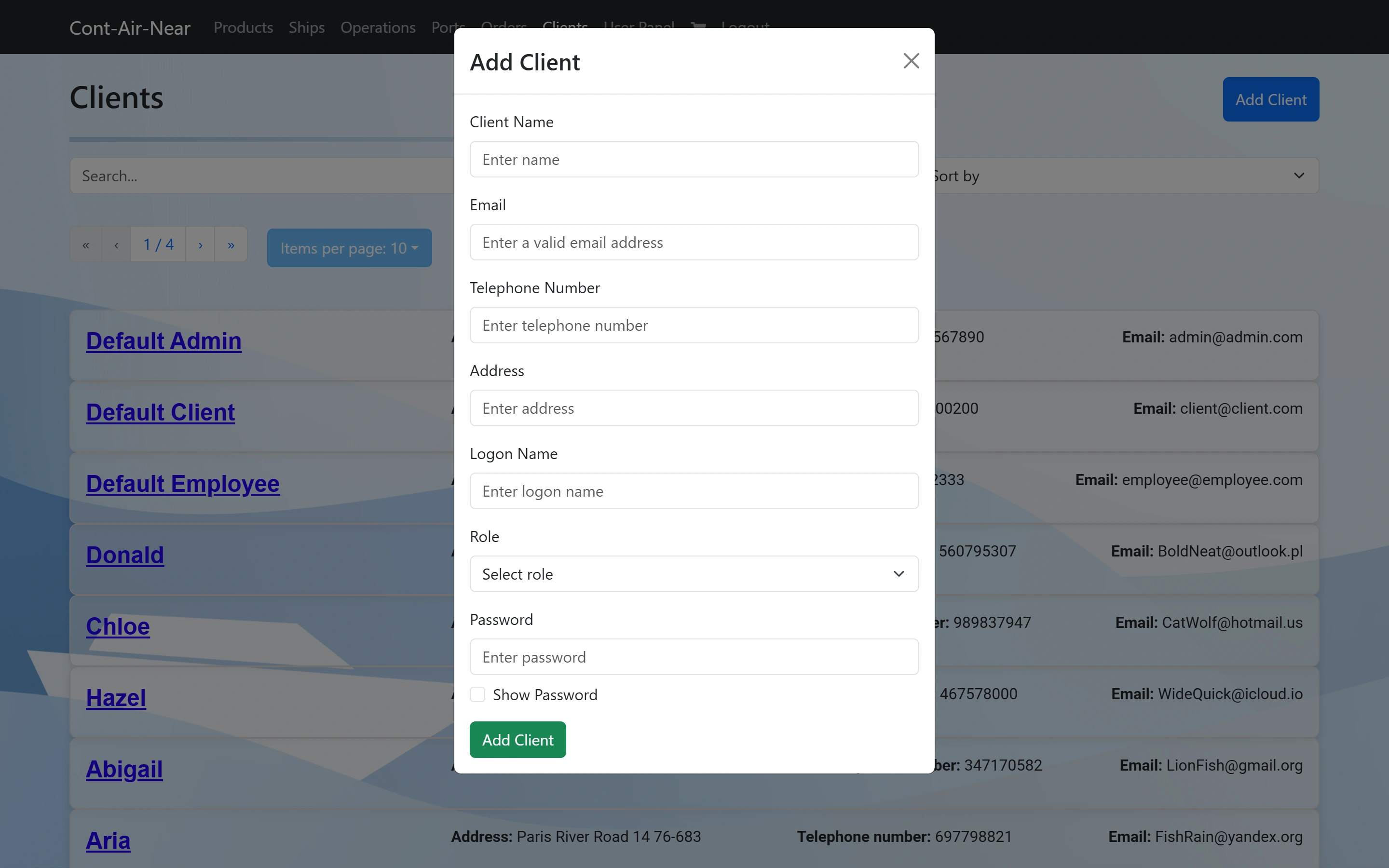 The Add Client dialog with name, email, telephone, address, logon name, role and password fields.