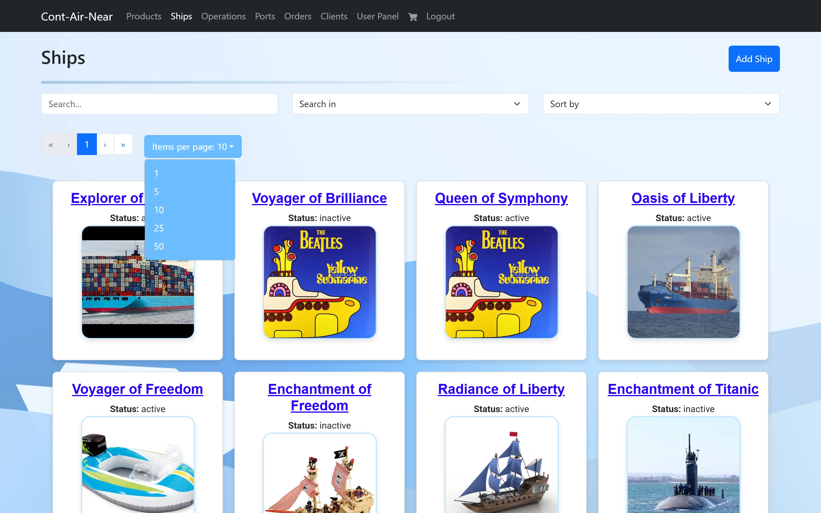 The Ships page with the Items per page dropdown open, offering 1, 5, 10, 25 and 50.