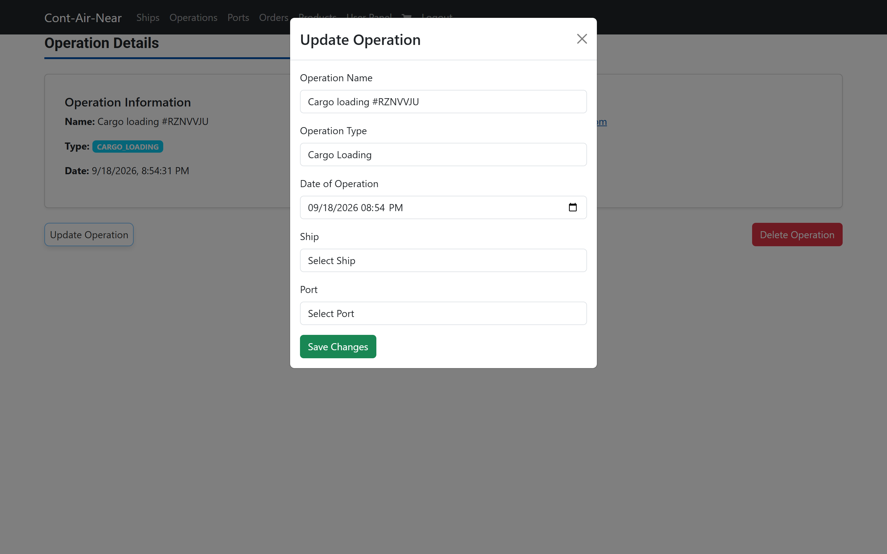 The Update Operation dialog over an operation detail page, signed in as an employee.