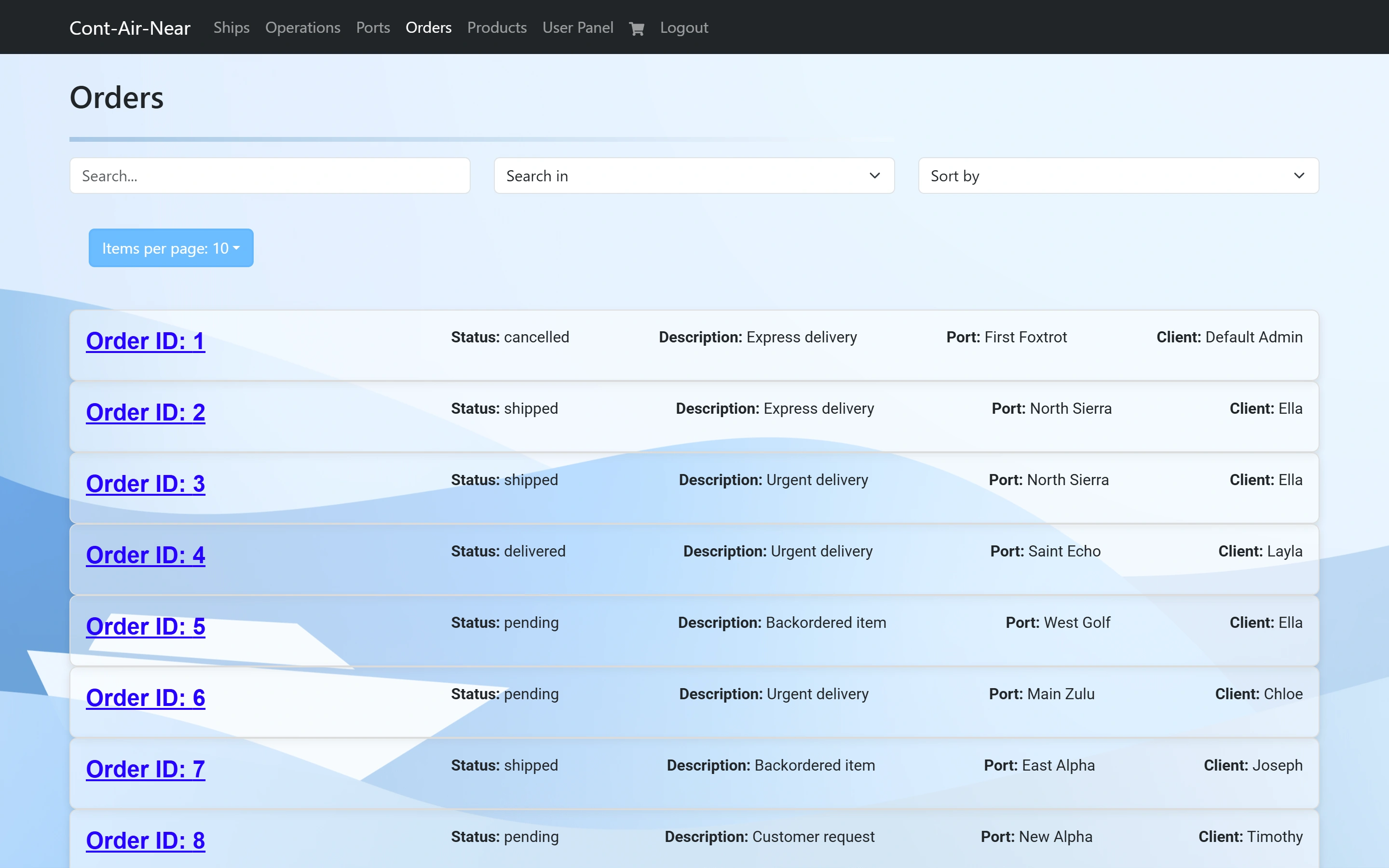The Orders page as an employee: the same list of orders, with no Add Order button.