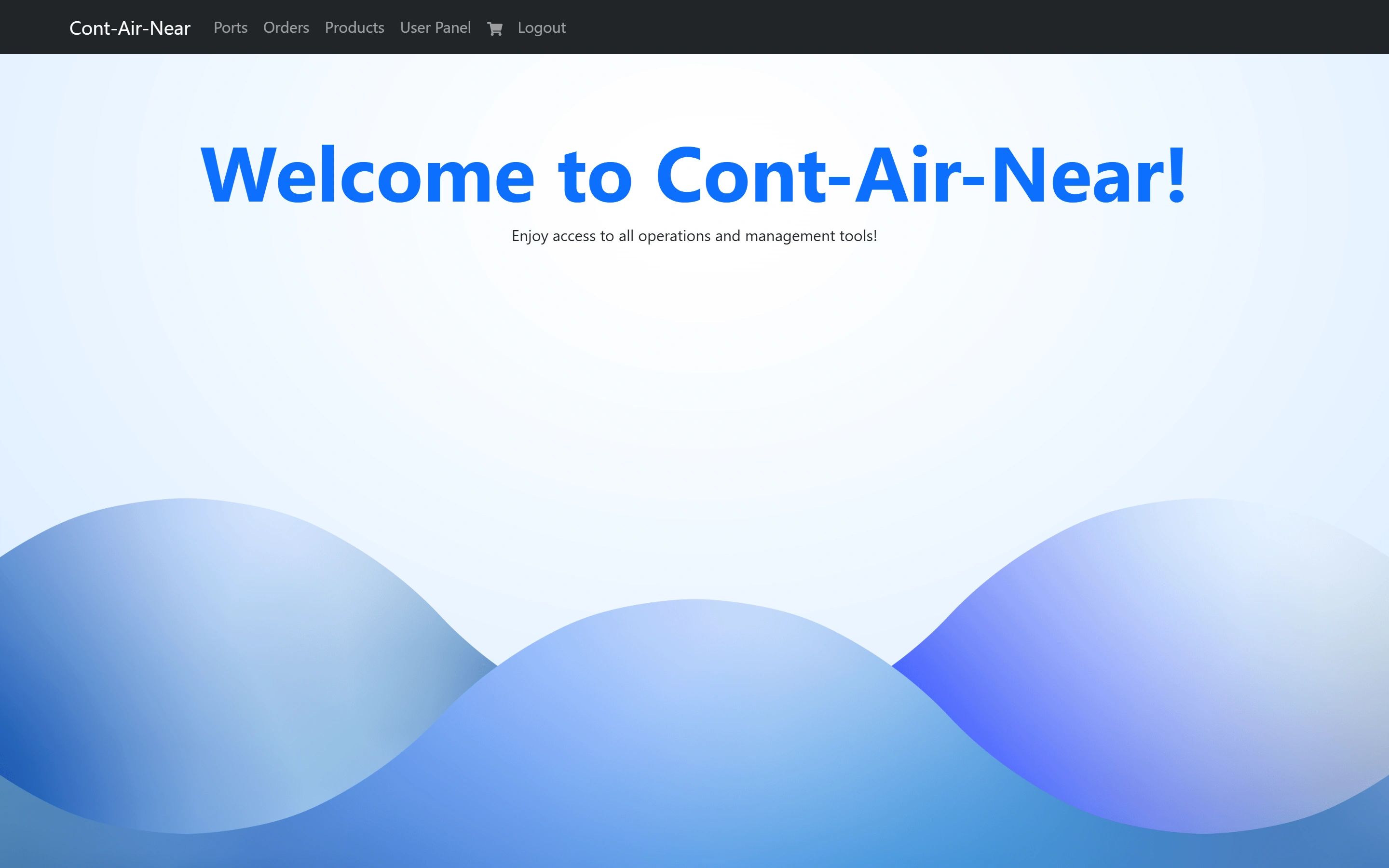 The home page signed in as a client, with only Ports, Orders, Products, User Panel and the cart in the navigation bar.