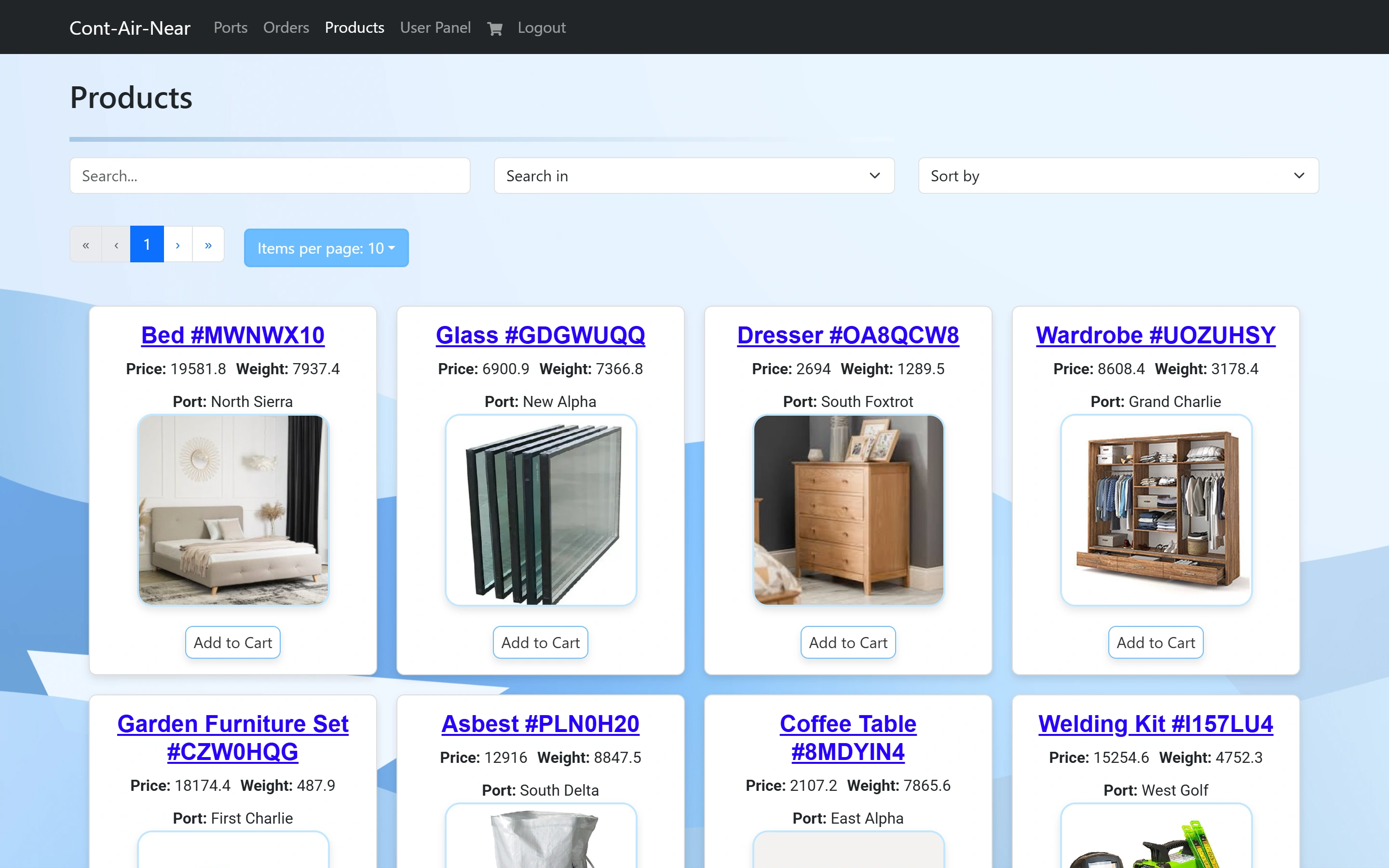 The Products page as a client: the product grid with Add to Cart buttons and no Add Product button.