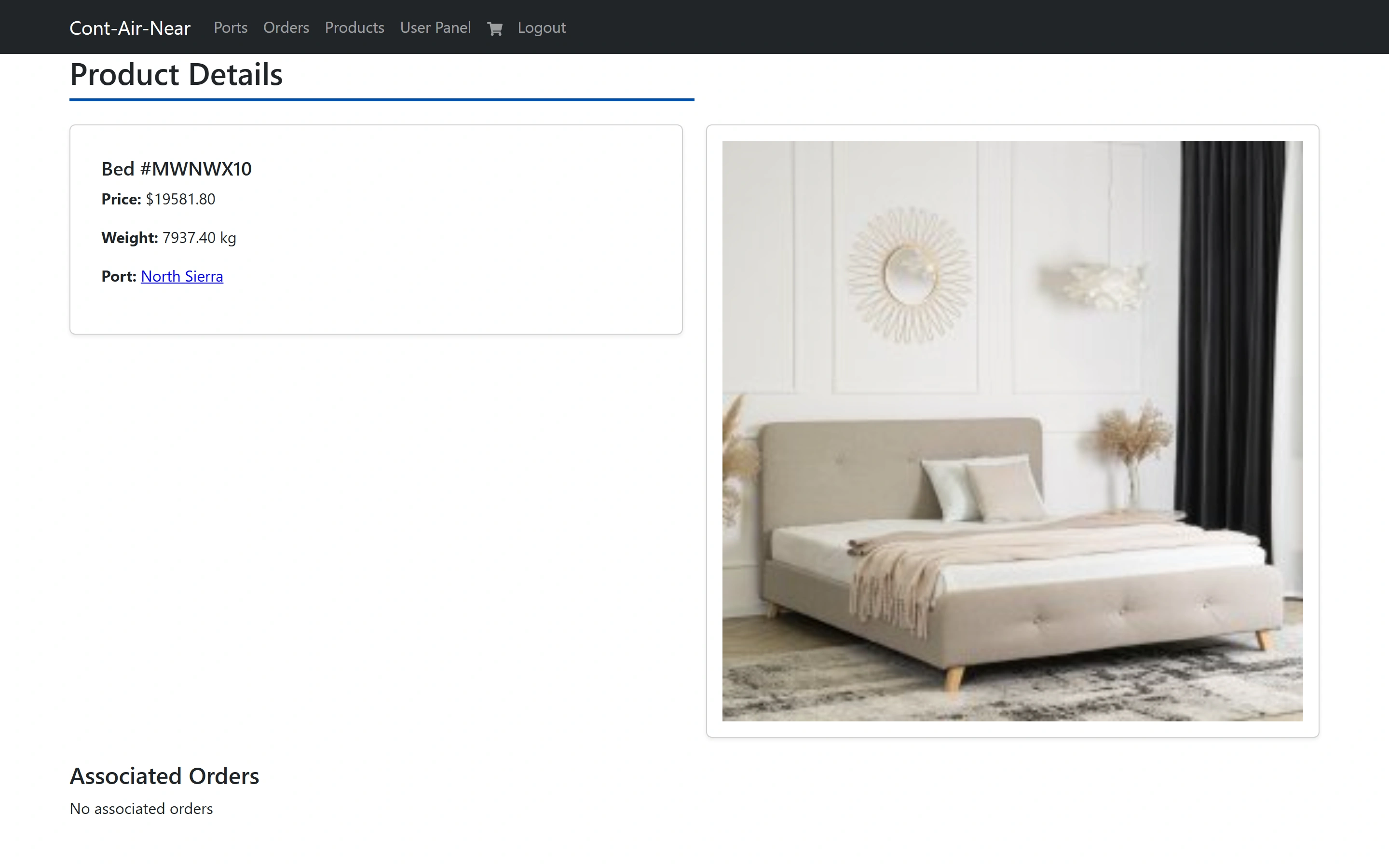 A product detail page as a client, showing a bed with its price, weight and port and no Update or Delete buttons.