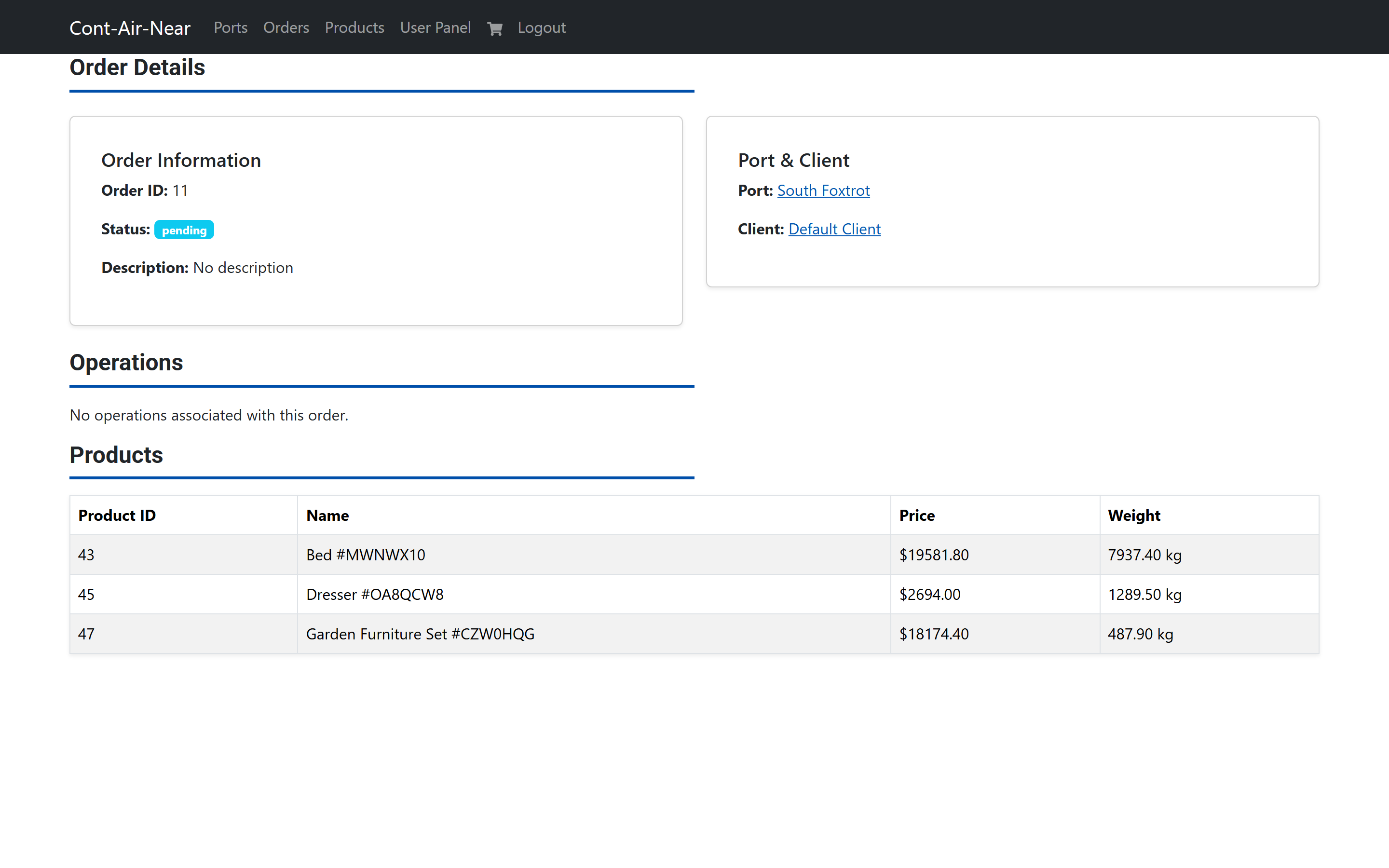 An order detail page as a client with a pending status, the delivery port and a table of three purchased products.