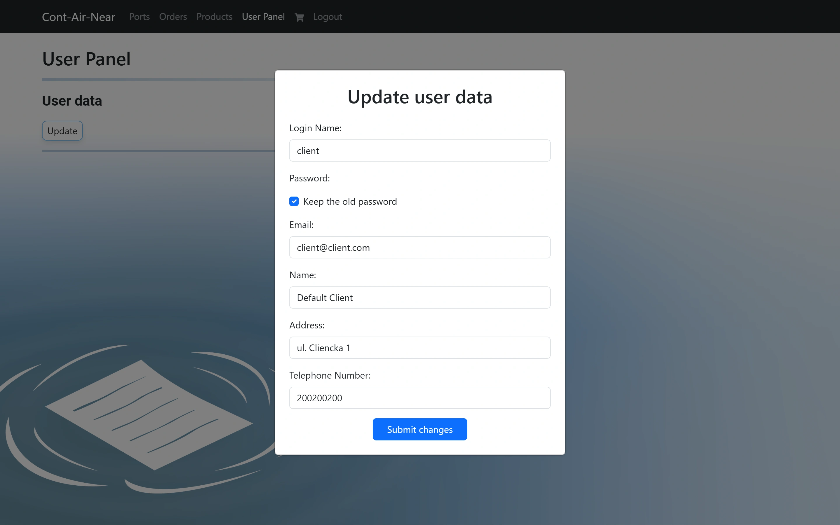 The Update user data dialog in the User Panel, pre-filled with the client's details and Keep the old password ticked.
