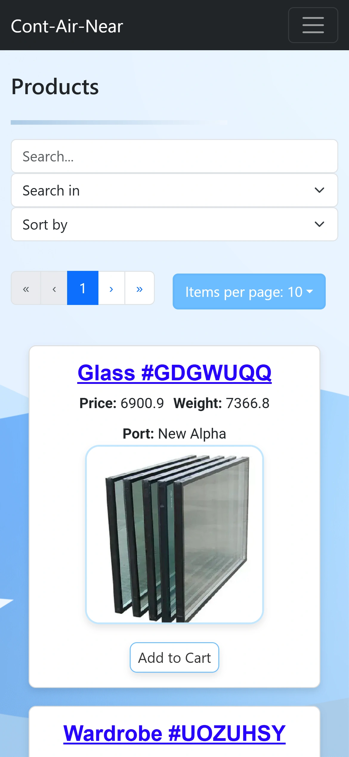 The Products page on a phone: stacked search controls above a single-column product card.