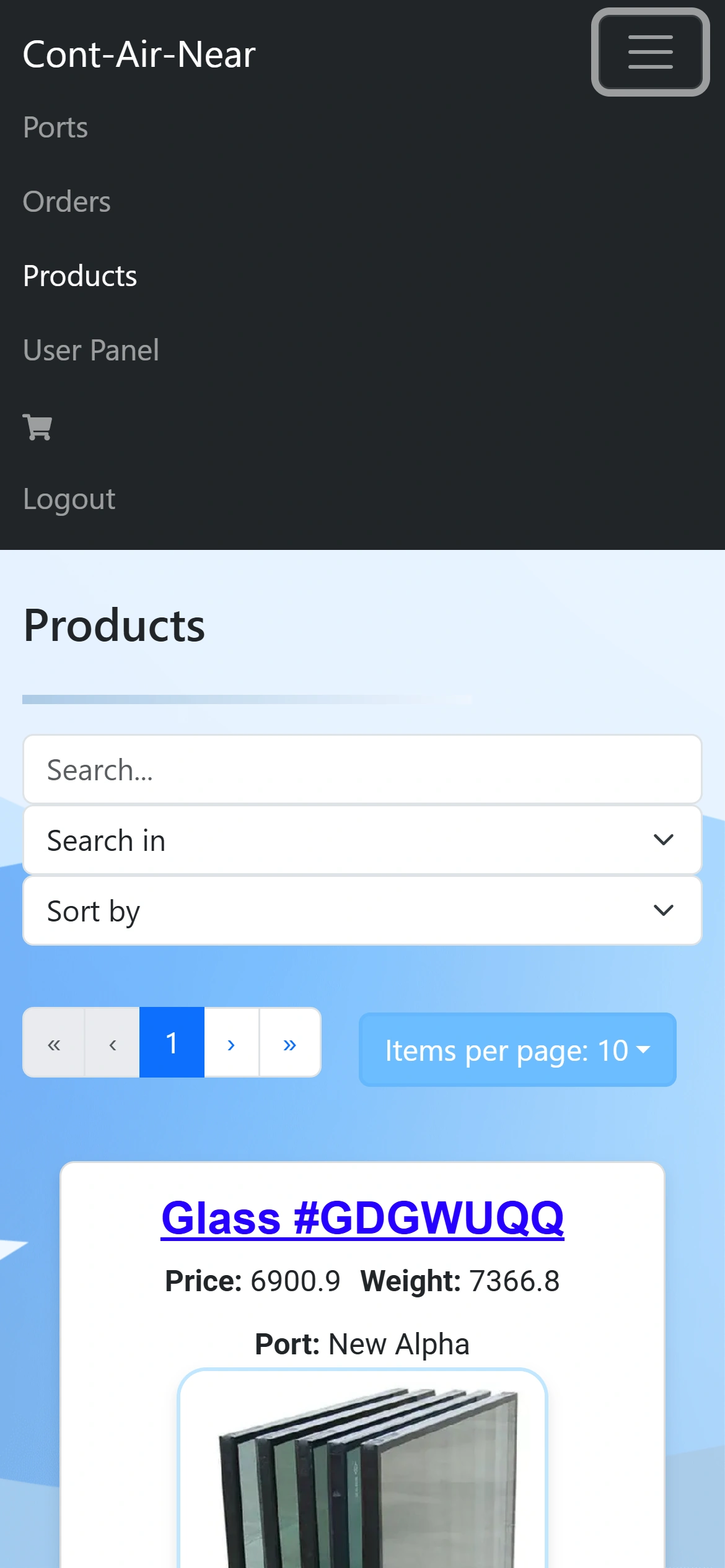 The phone layout with the hamburger menu open, listing Ports, Orders, Products, User Panel, the cart and Logout.