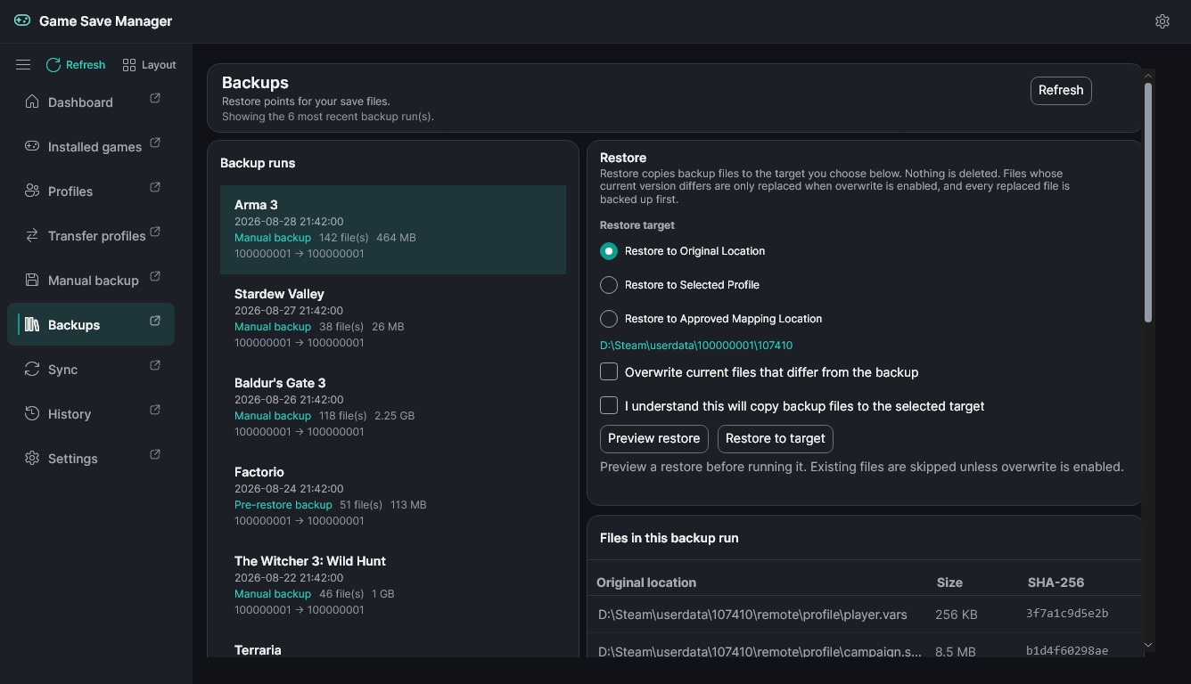 The Backups page listing recorded backup runs beside restore, archive and cleanup controls.