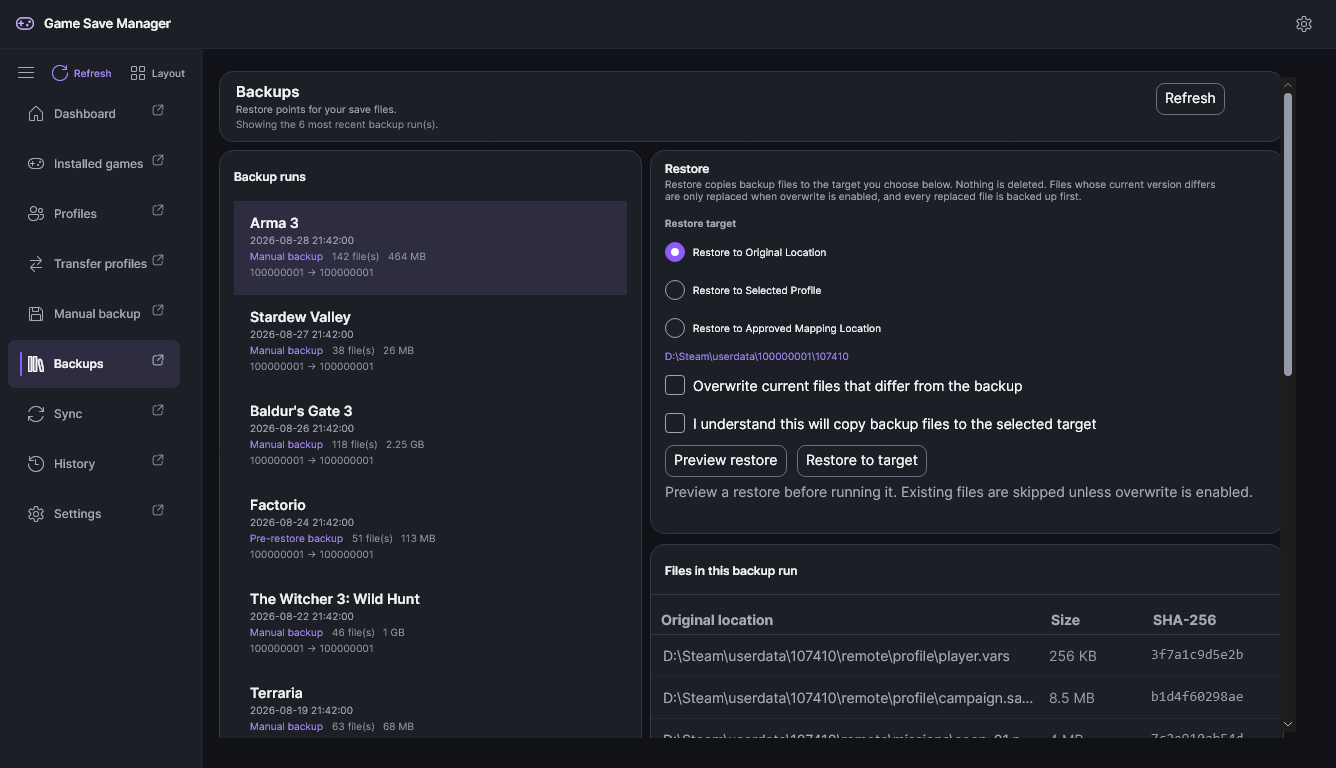 The Backups page at 85 per cent text size, fitting more rows on screen.