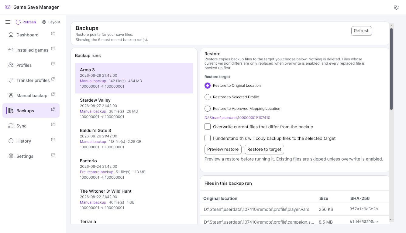 The Backups page in light mode with the violet accent.