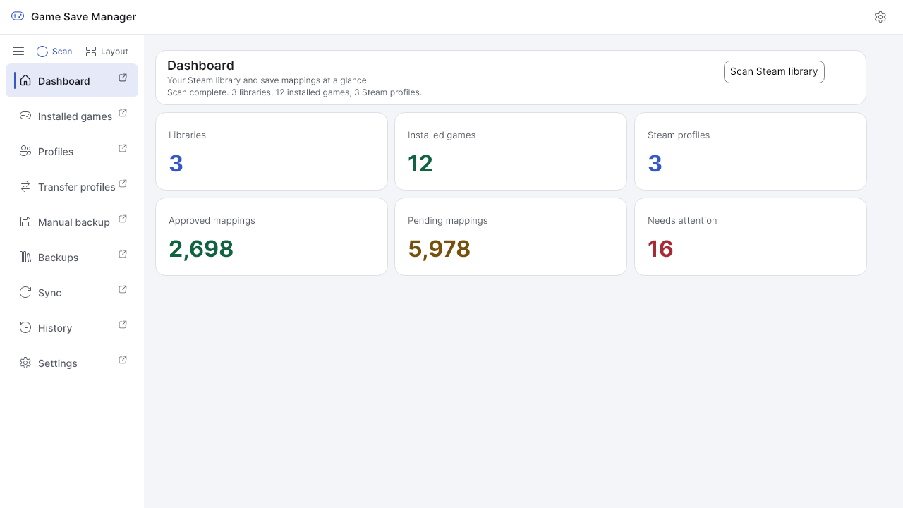 The Game Save Manager Dashboard in light mode with the indigo accent.