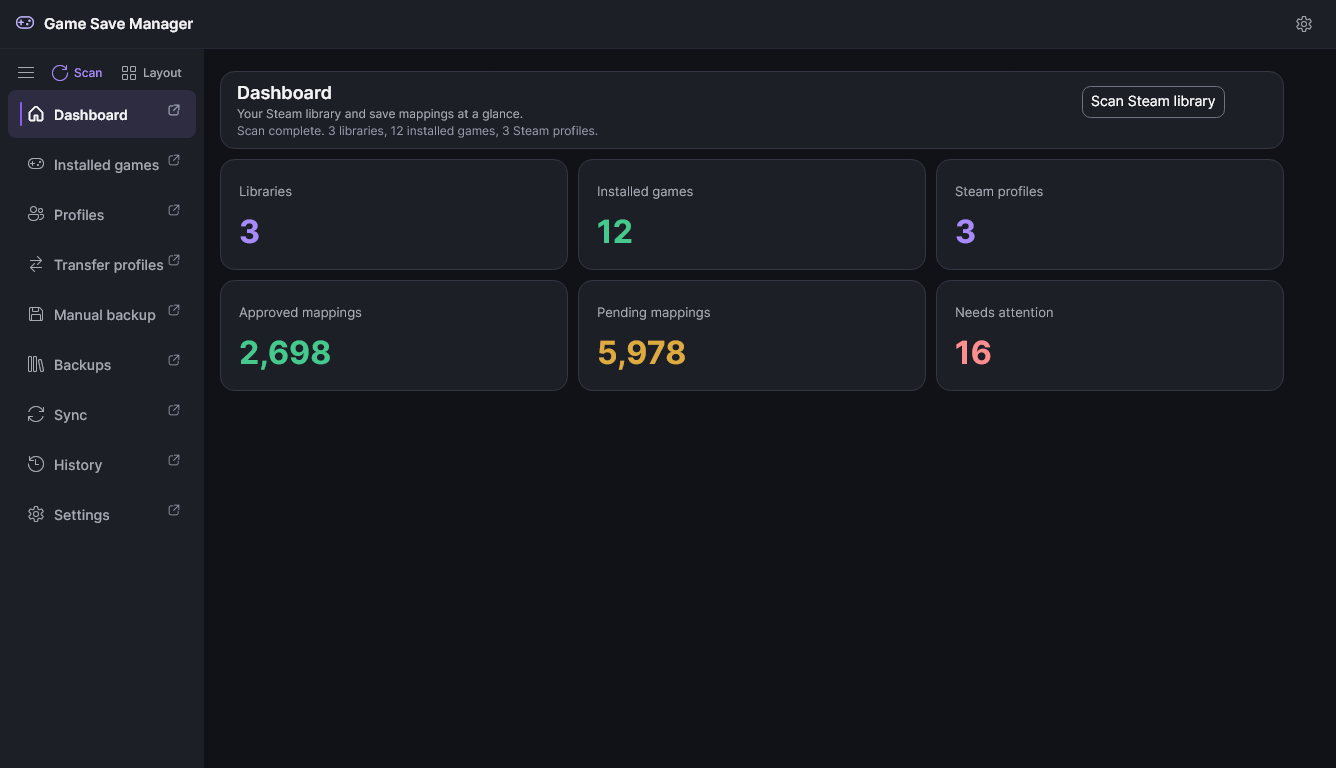 Game Save Manager dashboard in dark mode with the violet accent, showing library, game, profile and save-mapping counts