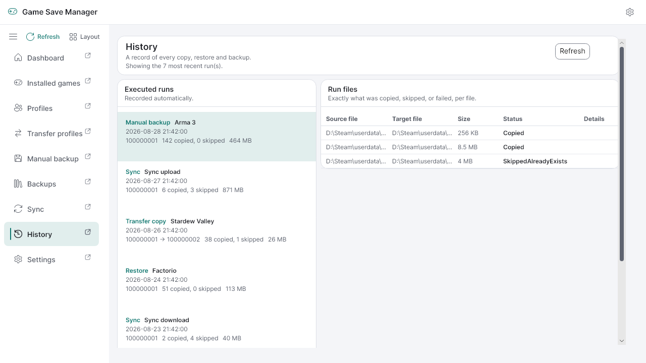 The History page in light mode with the teal accent.