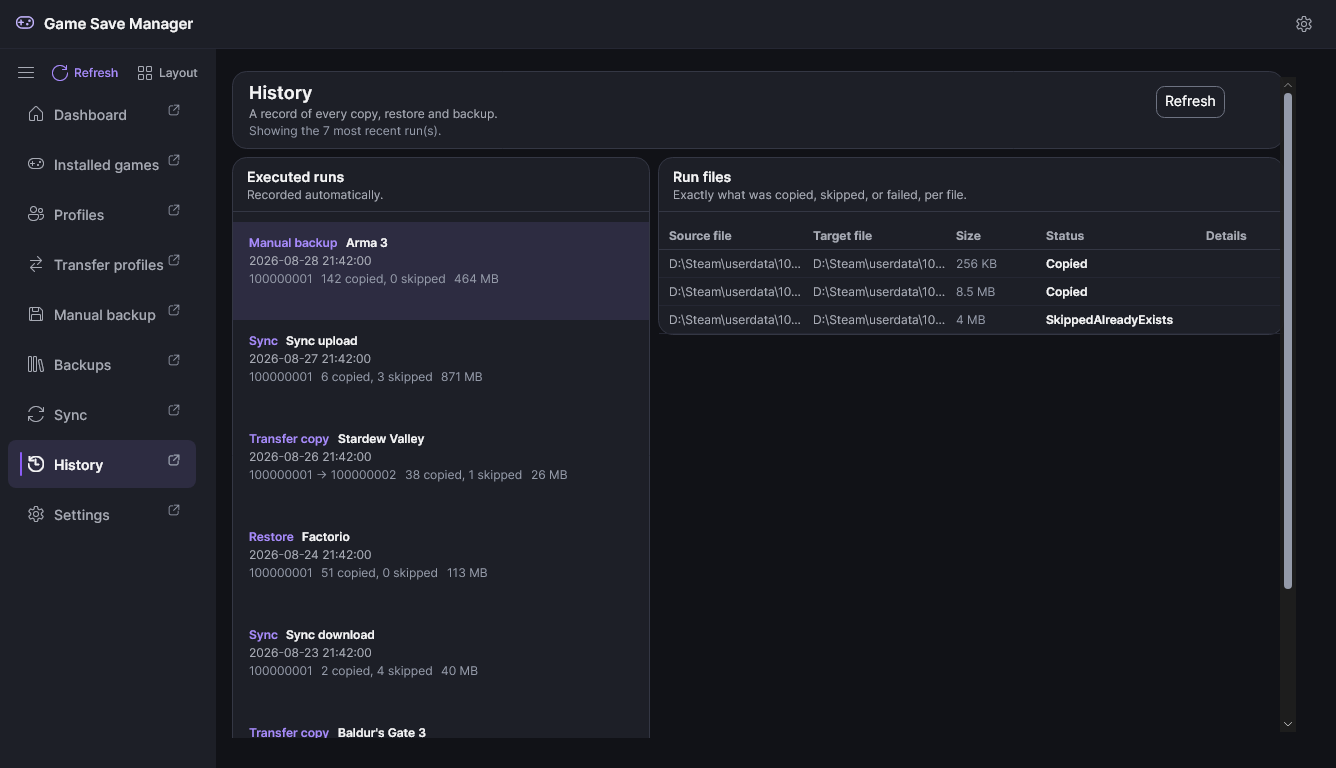 The History page listing executed backup, transfer, restore and sync runs beside the per-file record of one run.