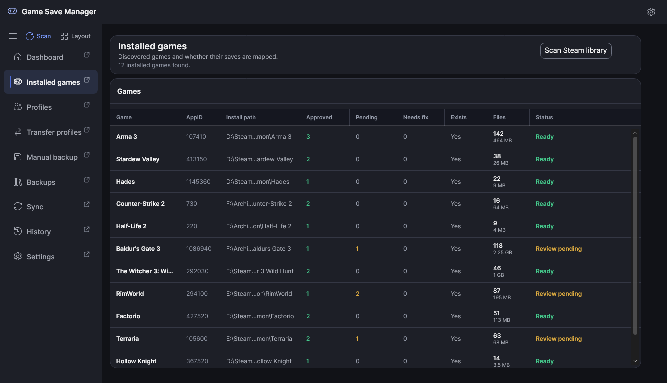 The Installed games table listing twelve Steam games with their save-mapping counts and status.