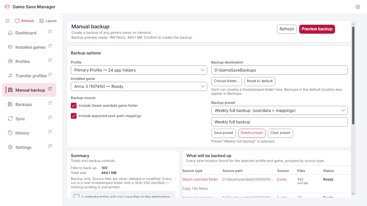 The Manual backup page in light mode with the rose accent.