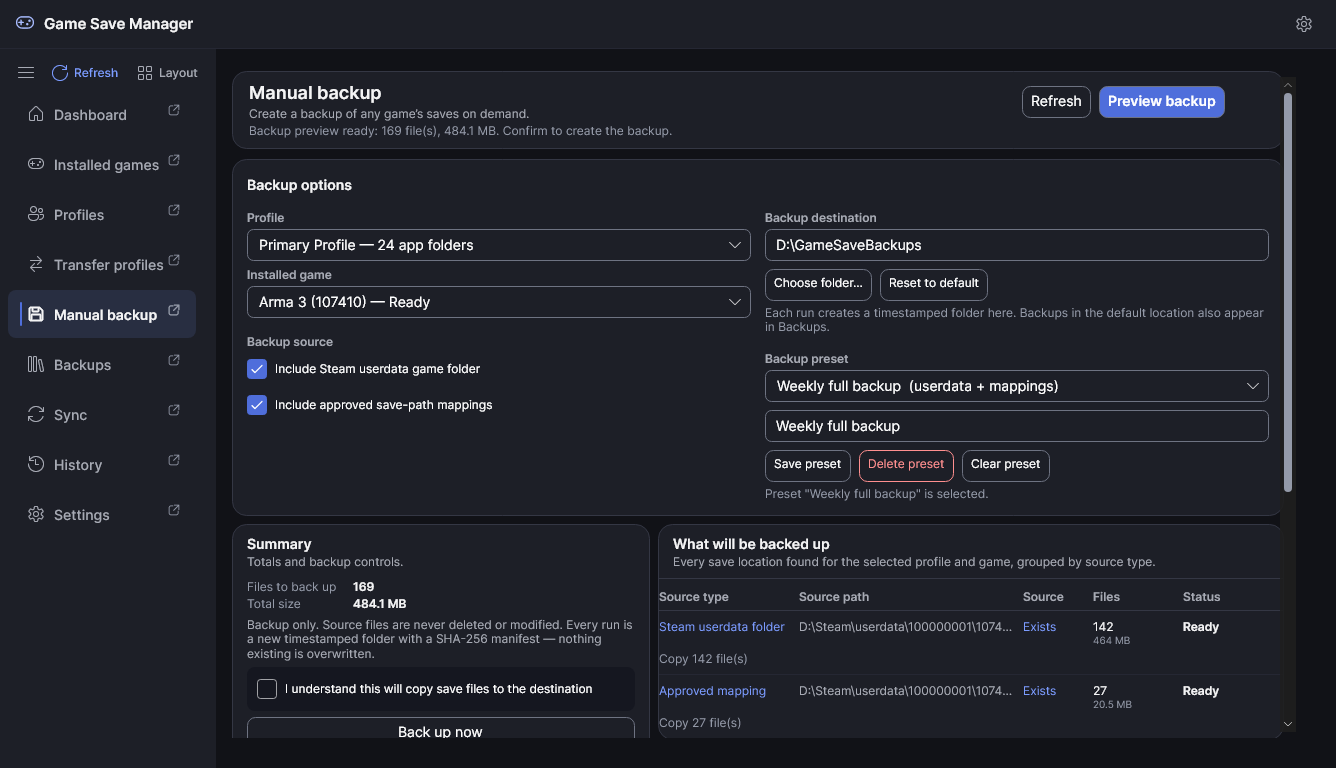 The Manual backup page configured with a profile, game, destination and preset, showing a preview of what would be backed up.