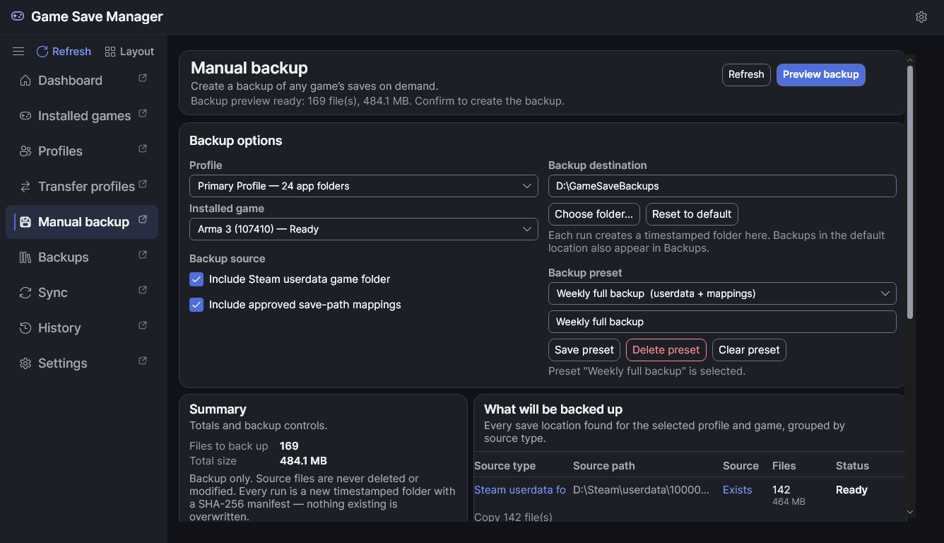 The Manual backup page at 125 per cent text size, with the layout reflowed and nothing clipped.