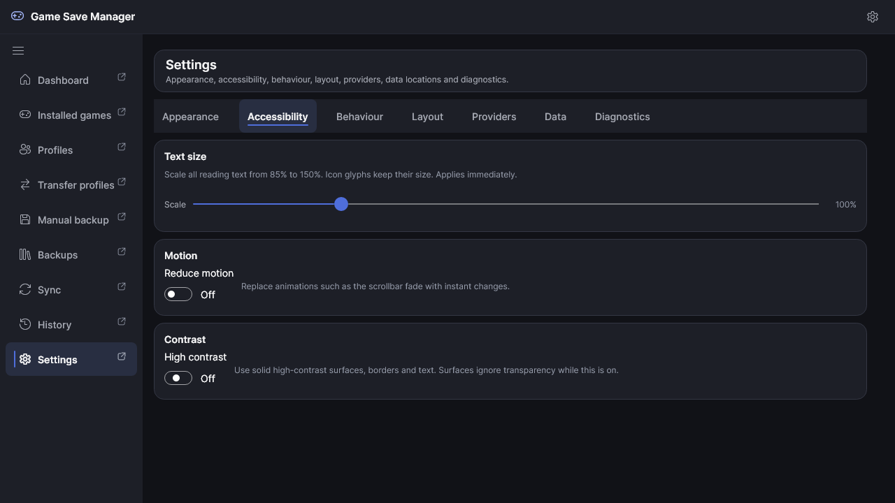The Settings Accessibility category showing the text-size slider, Reduce motion and High contrast switches.