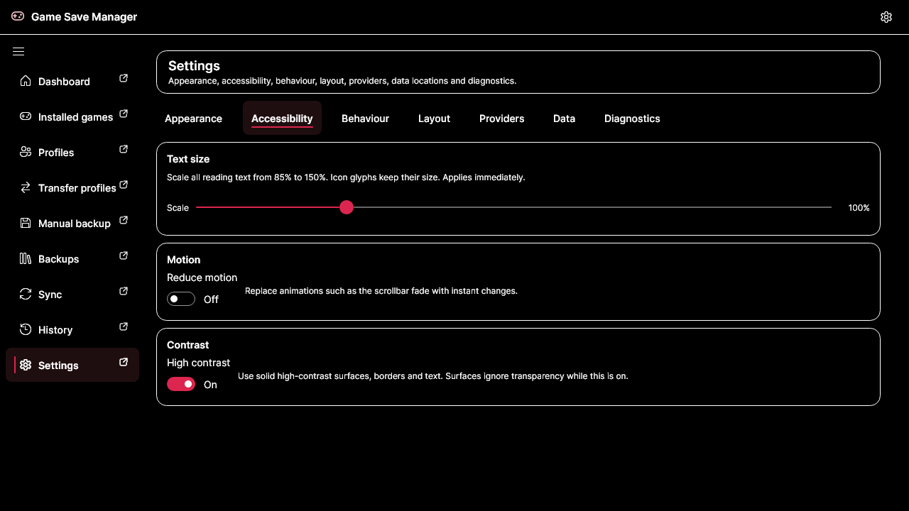 The Settings Accessibility category with High Contrast enabled, showing opaque surfaces and strong borders.