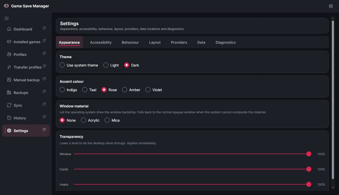 The Settings Appearance category with the rose accent and no window material.